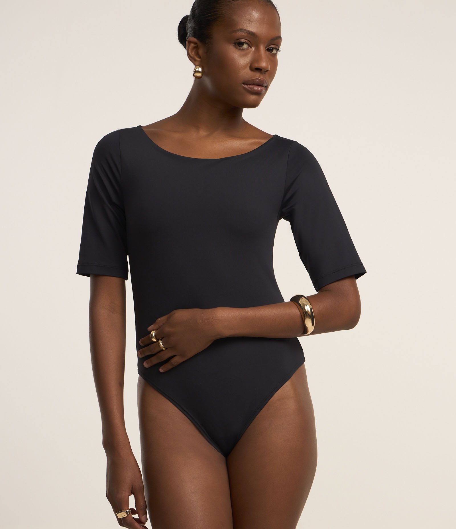 Body em Poliamida com Decote Canoa e Manga 3/4 Preto 6