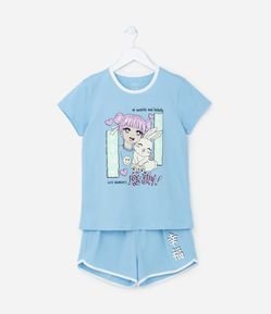 Pijama Curto Infantil com Estampa Menina e Coelho - Tam 7 a 14 Anos
