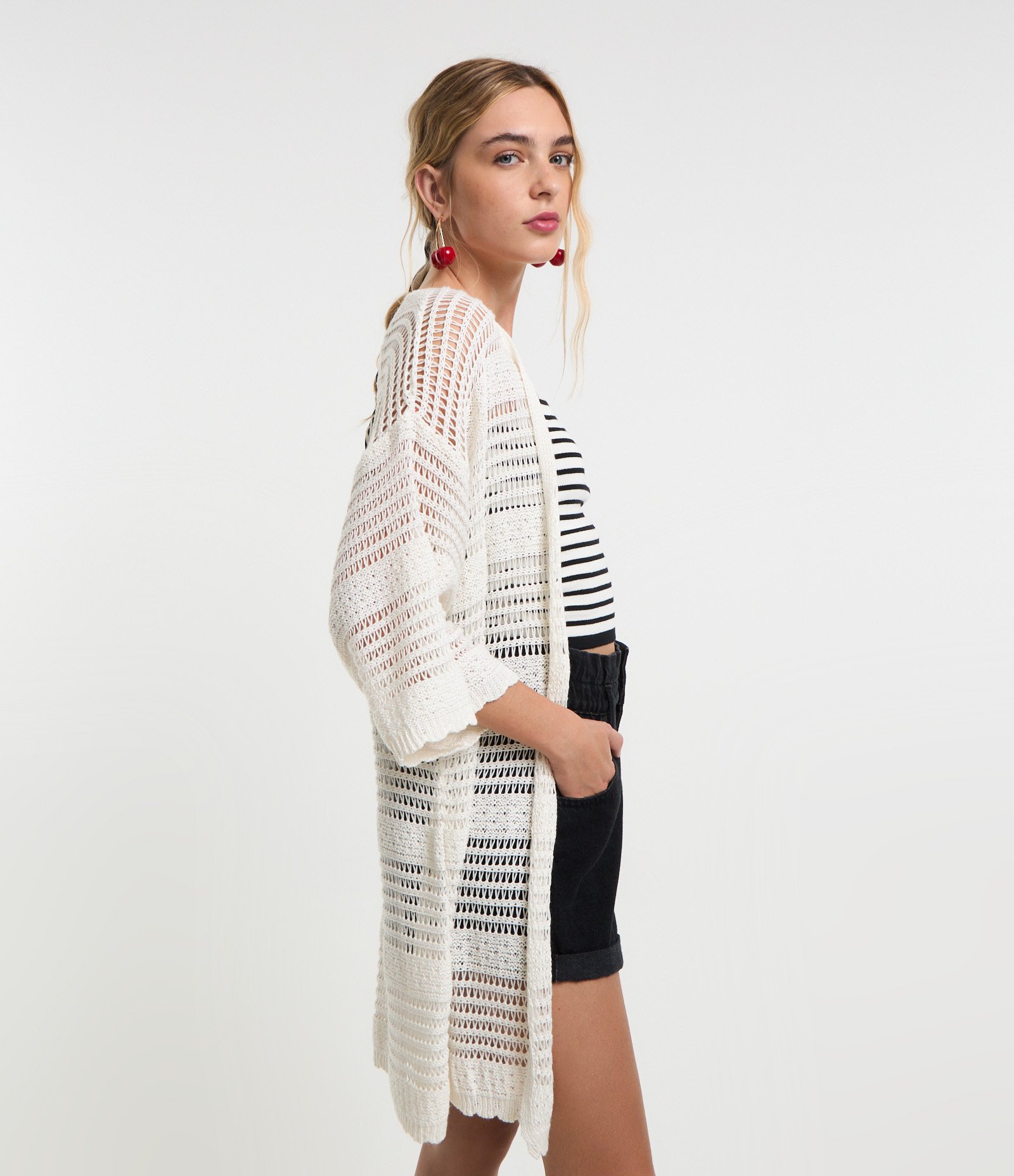 Kimono Alongado em Tricô com Mix de Pontos Off White 1