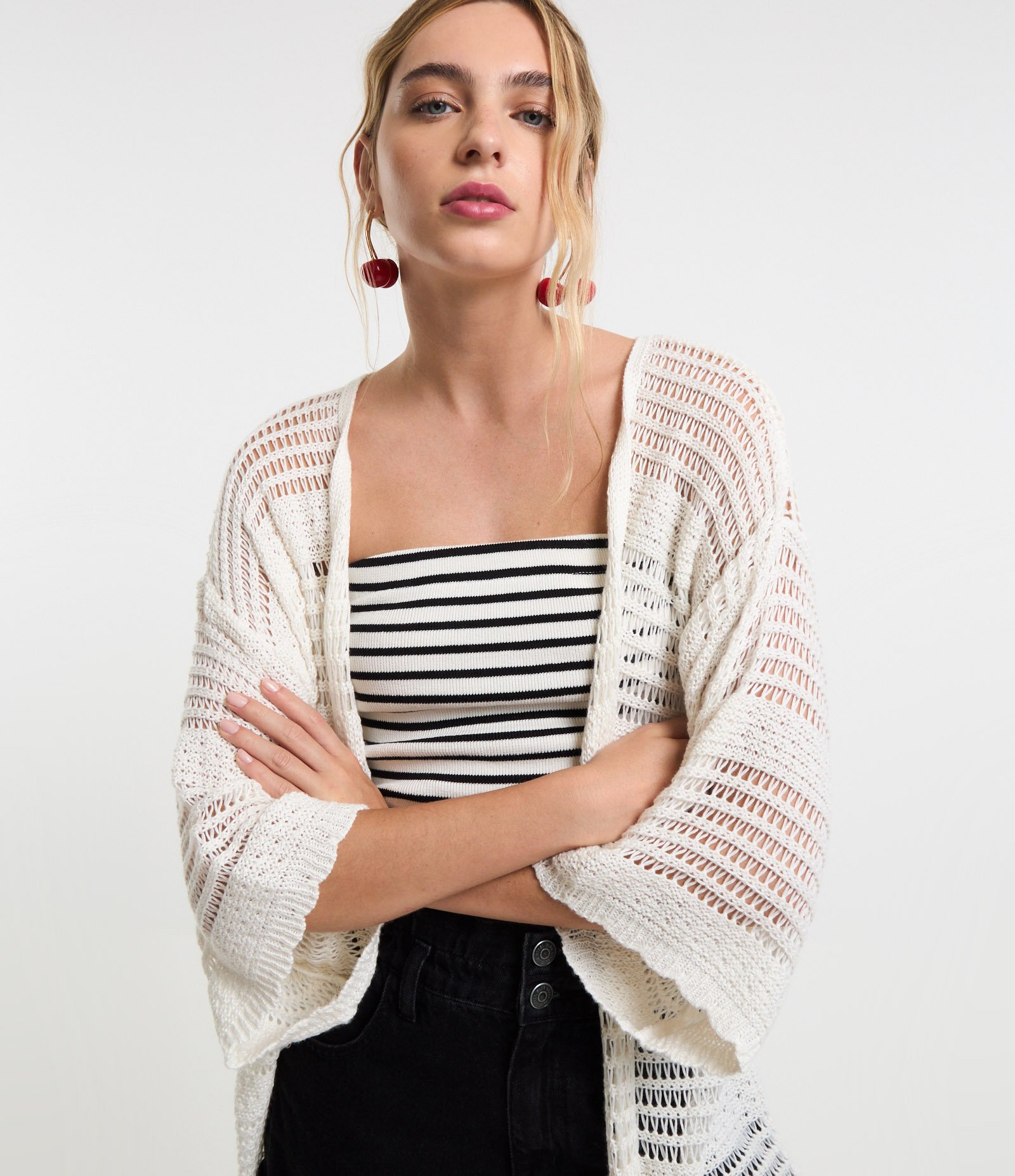 Kimono Alongado em Tricô com Mix de Pontos Off White 3