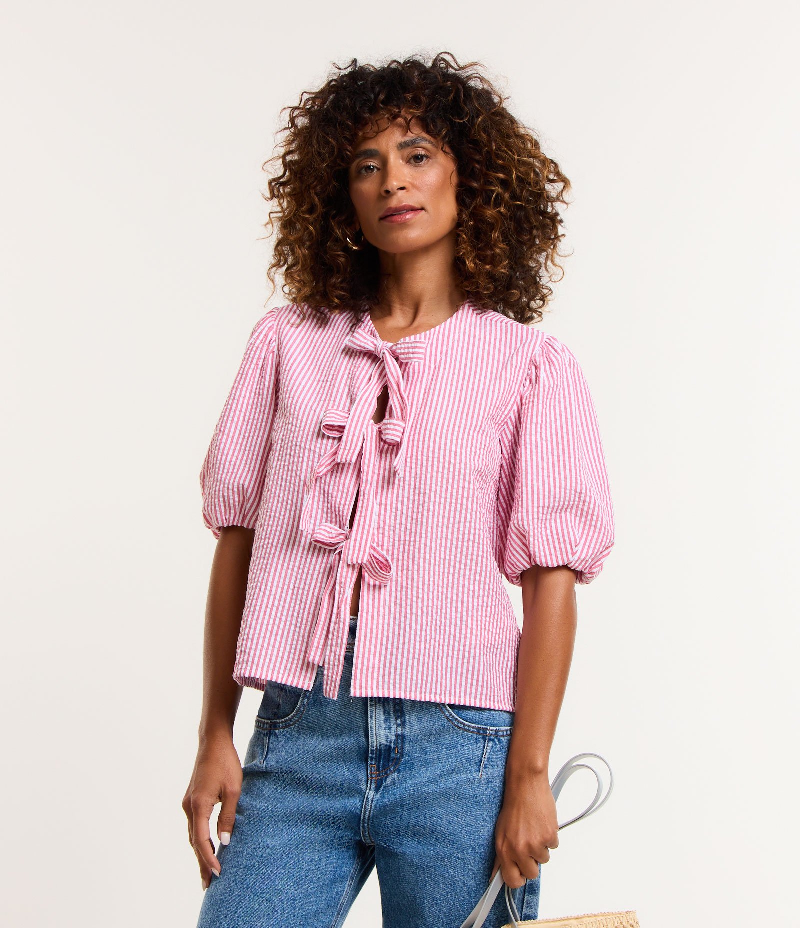 Blusa em Tricoline com Lacinhos Frontais e Estampa Listrada Vermelho/ Branco 1