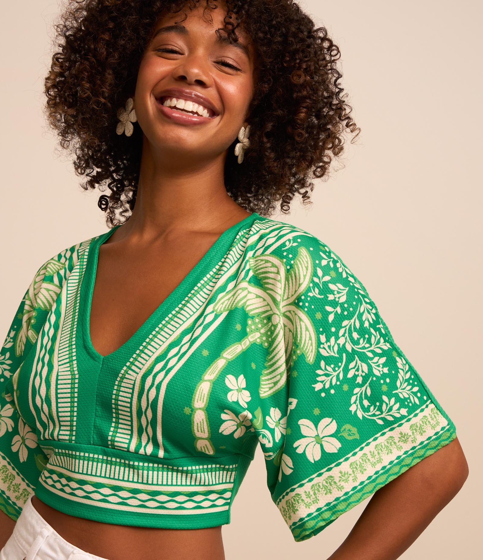 Blusa Cropped Texturizado com Estampa Floral Verde 1