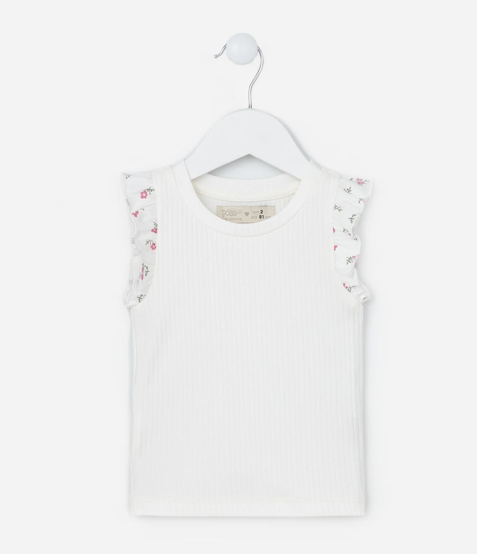 Regata Infantil em Ribana com Babadinho Floral - Tam 1 a 5 Anos Branco 1