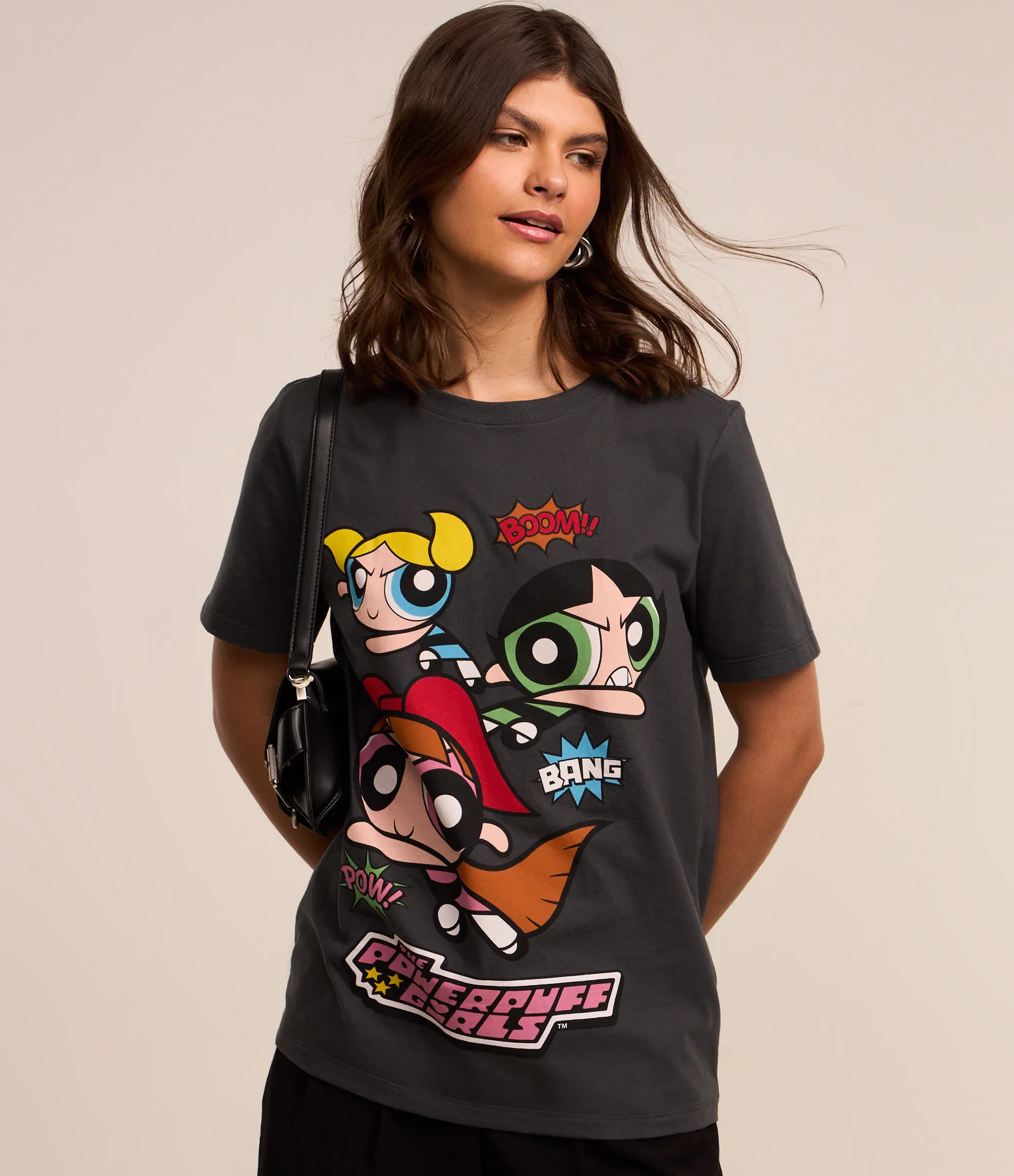 Camiseta Alongada em Algodão com Estampa Powerpuff Girls Cinza 2