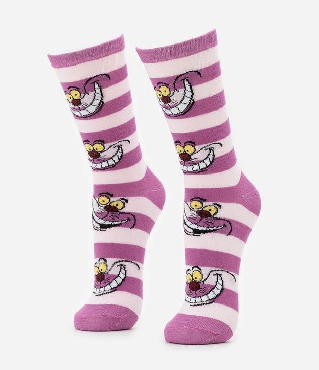 Meia Cano Alto Listrada com o Gato da Alice no Pais das Maravilhas