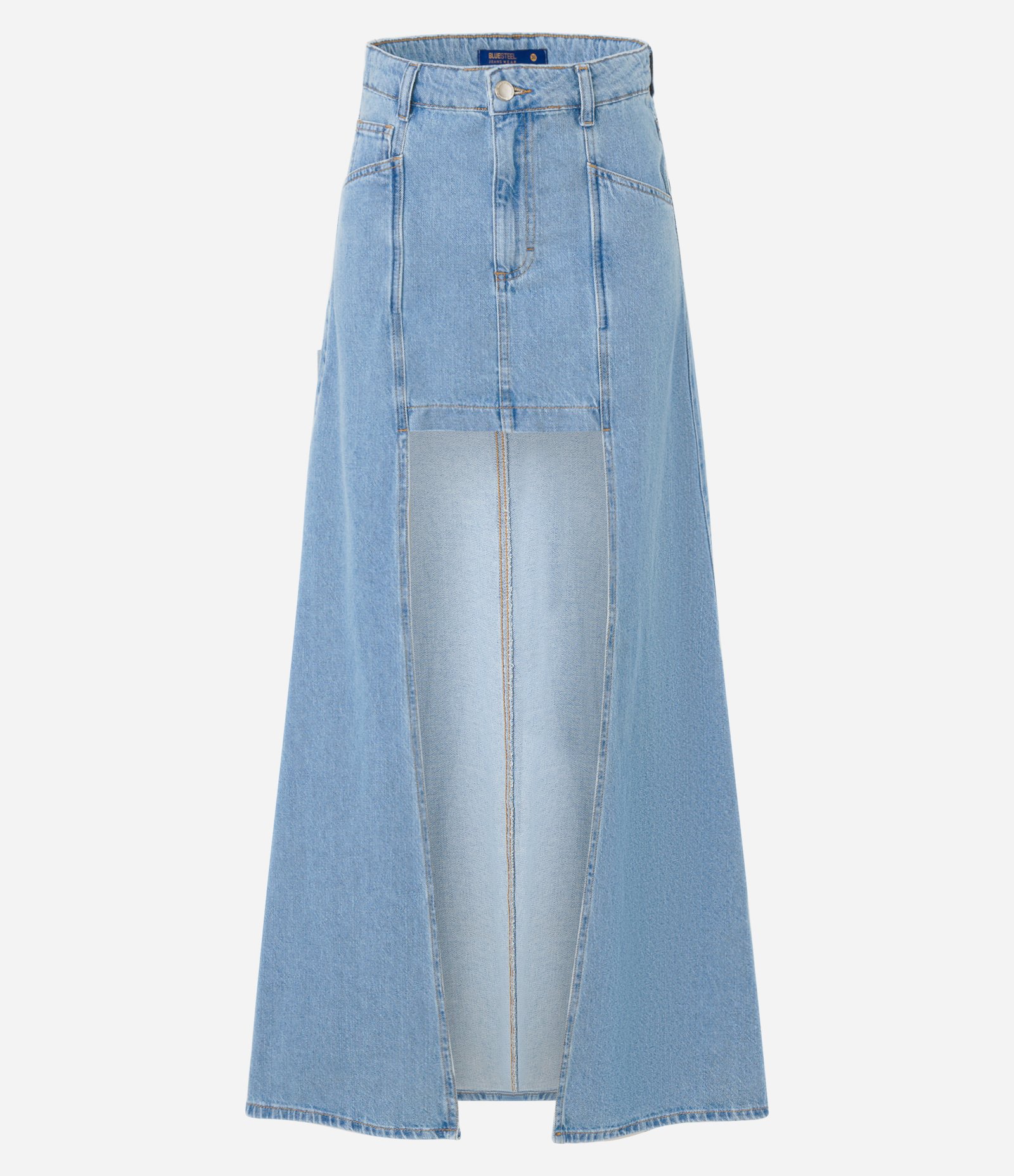 Saia Longa Jeans com Recorte Frontal Curto Azul 6