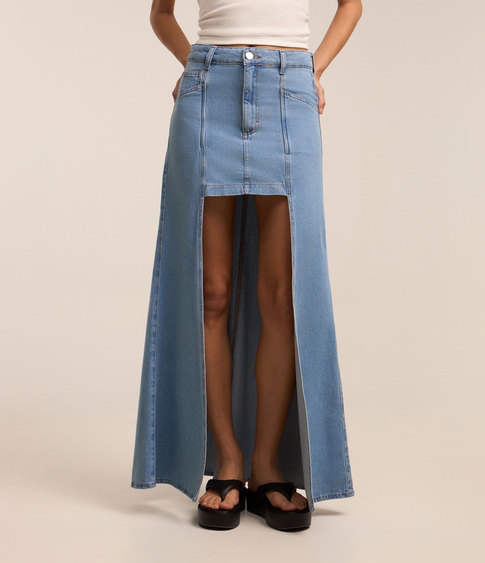 Saia Longa Jeans com Recorte Frontal Curto Azul 1