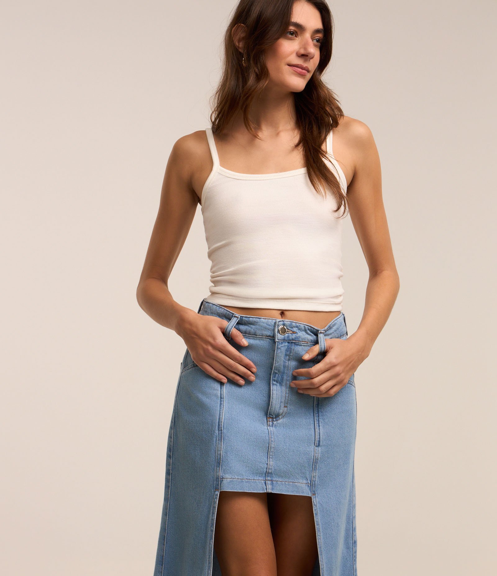 Saia Longa Jeans com Recorte Frontal Curto Azul 3
