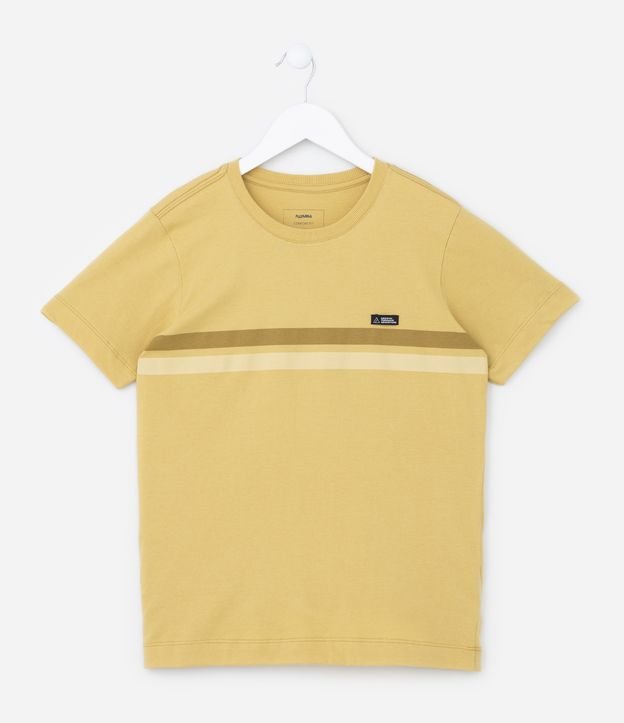 Camiseta Infantil com Listras e Etiqueta - Tam 05 a 14 Anos