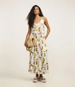 Saia Midi Evasê em Viscolinho Cós Elástico e Amarração com Estampa Abstrata