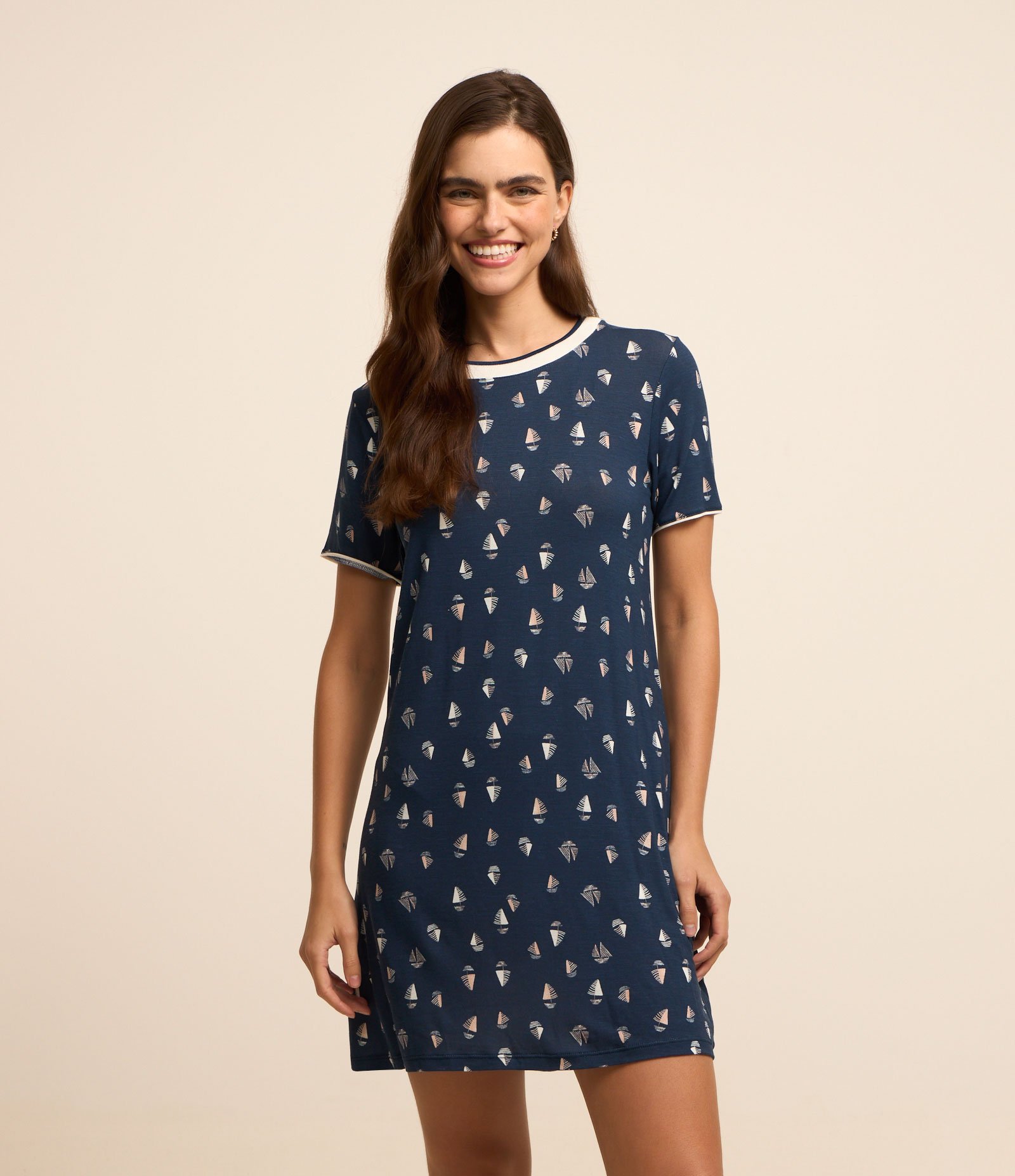 Camisola Curta em Viscose Estampa Barquinhos Azul 1
