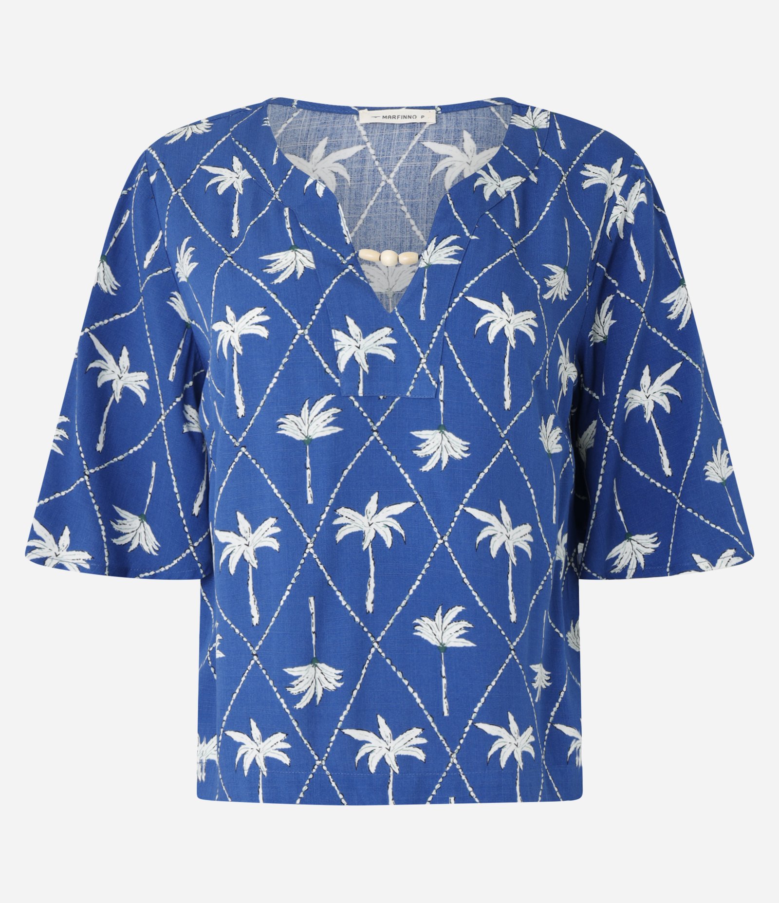 Blusa Manga Curta em Viscolinho com Estampa de Coqueiro Azul 1
