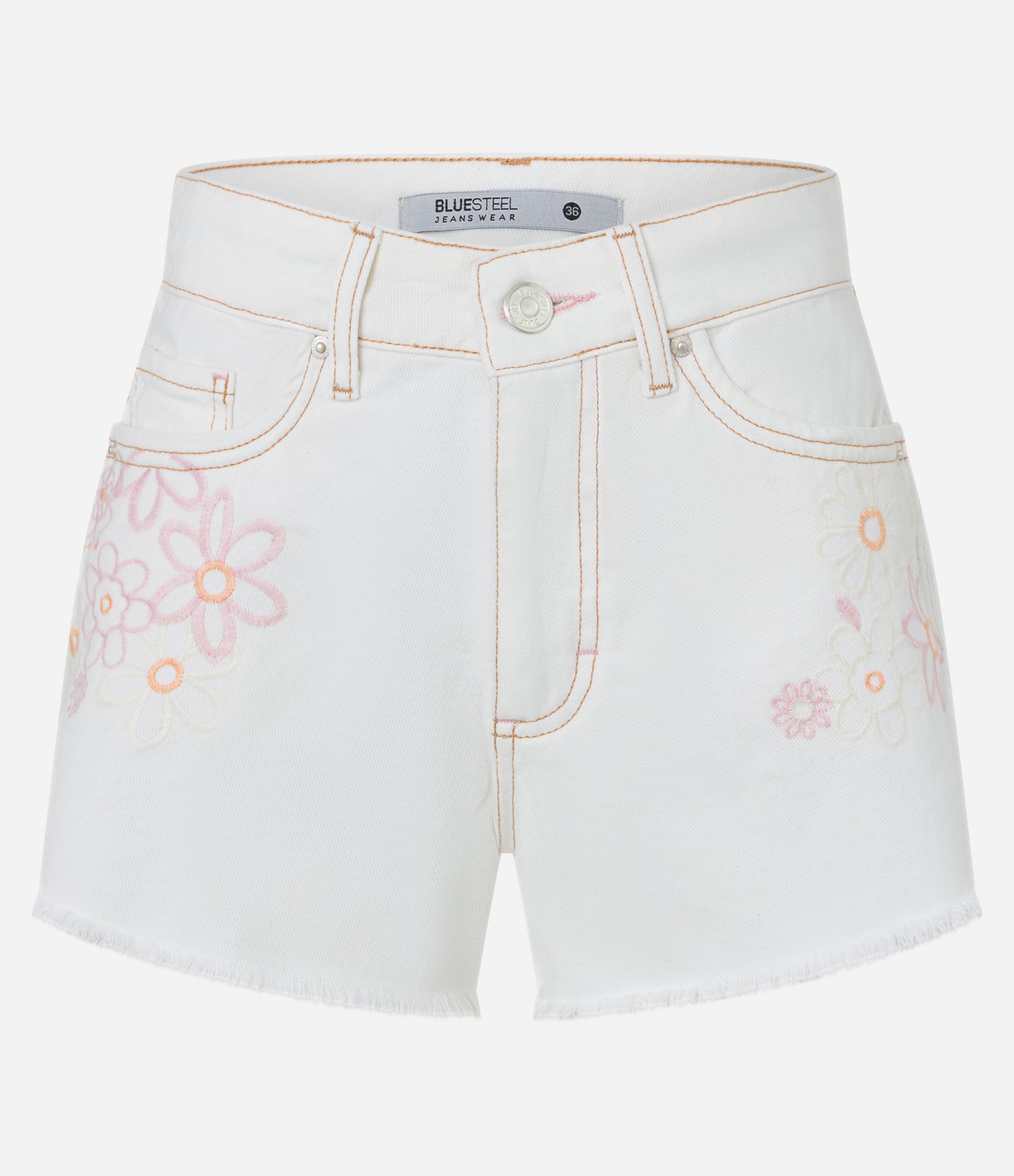 Short em Sarja com Barra Desfeita e Flores Bordadas Branco Neve 6