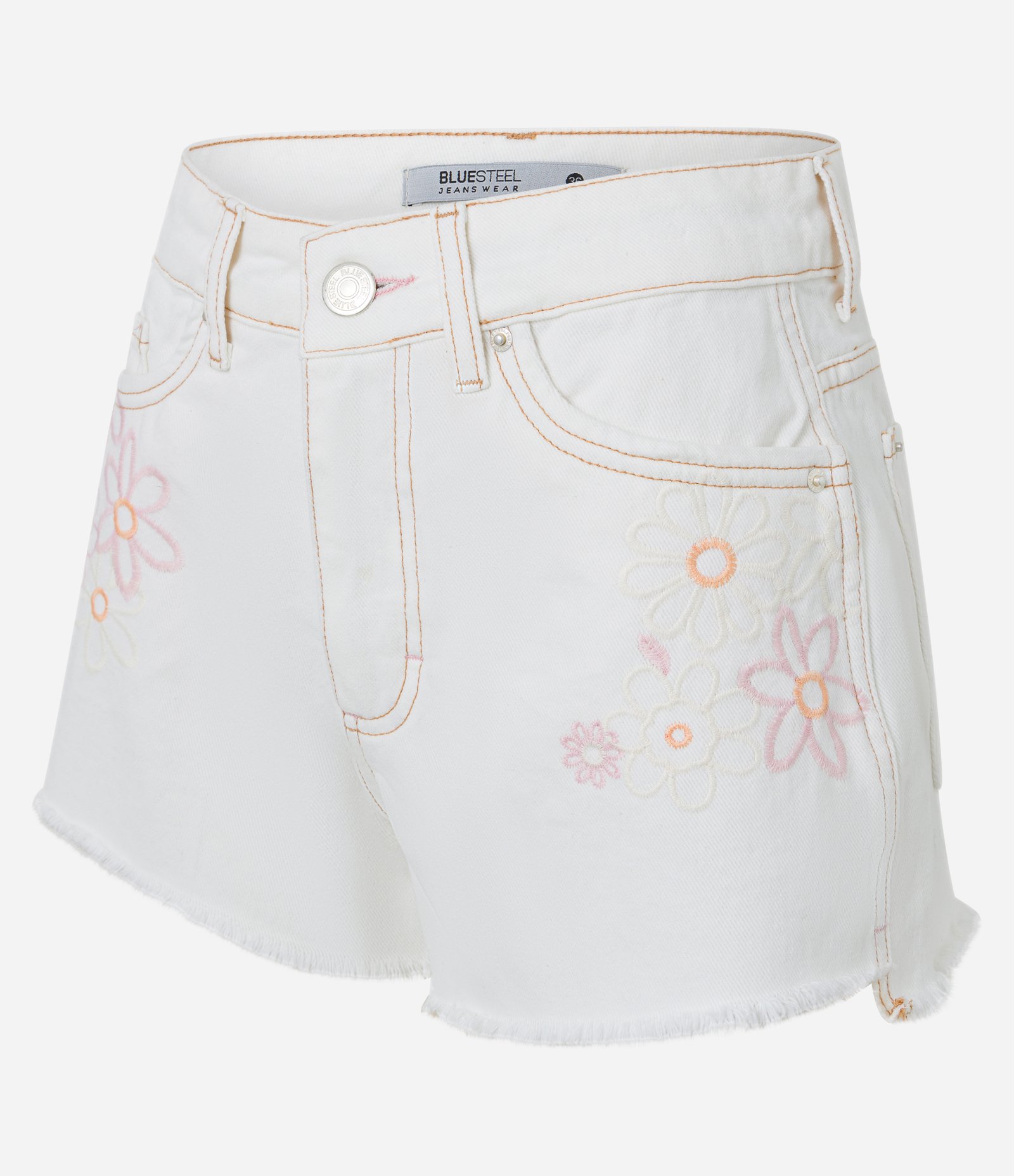 Short em Sarja com Barra Desfeita e Flores Bordadas Branco Neve 8