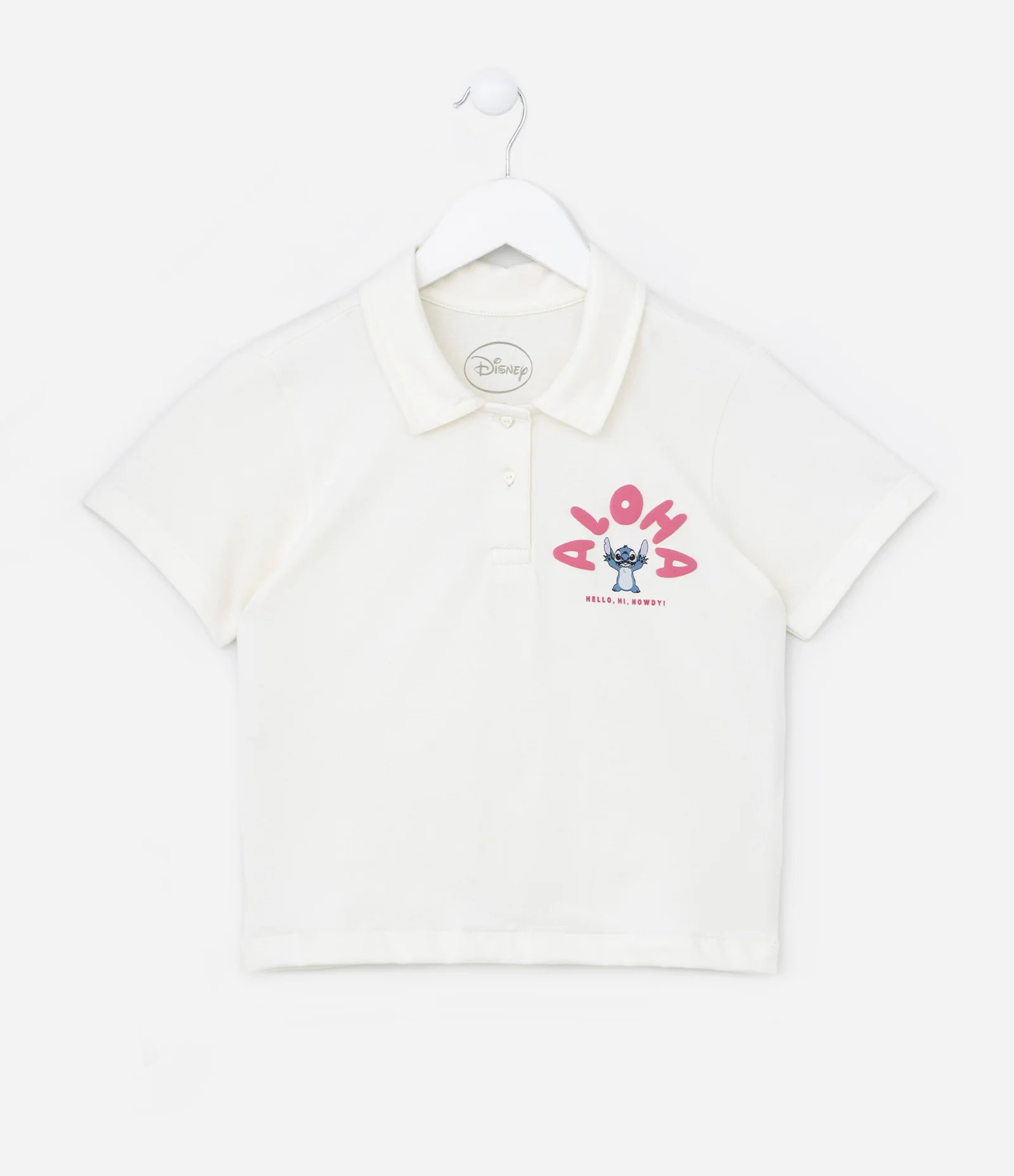Camiseta Curta Polo Infantil com Estampa do Stitch - Tam 5 a 14 Anos Branco Neve 1