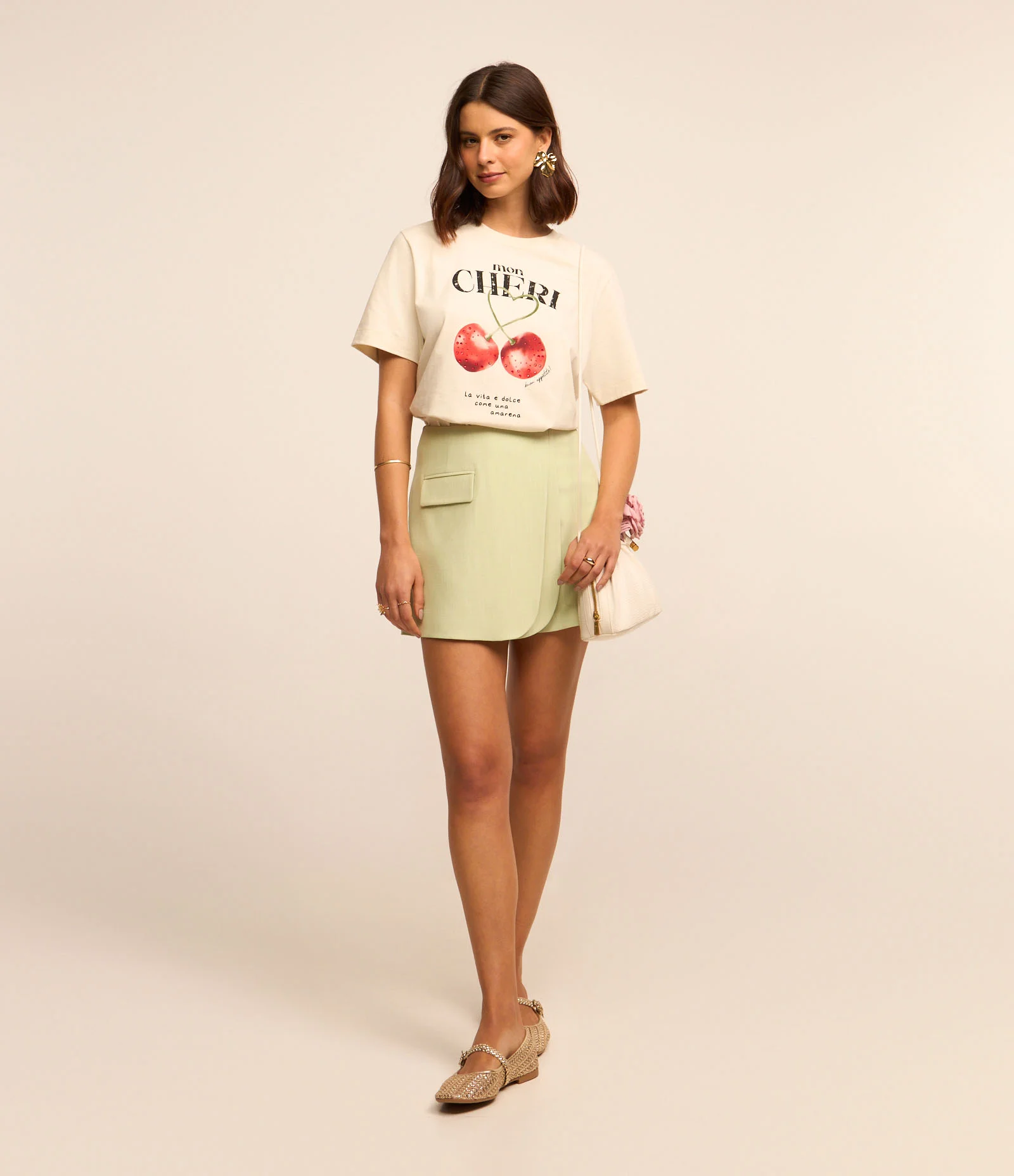 Camiseta em Algodão com Estampa Cerejas Mon Cheri Off White 2