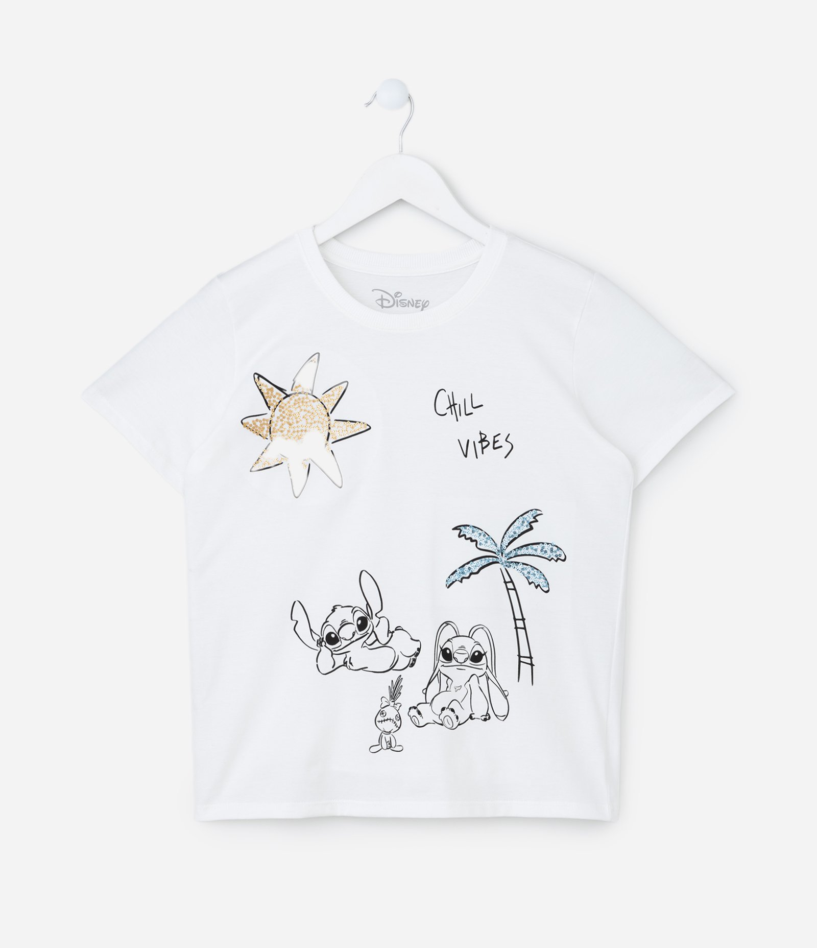 Blusa T-Shirt Infantil com Estampa Lilo & Stitch com Paetês - Tam 5 a 14 anos Branco 1