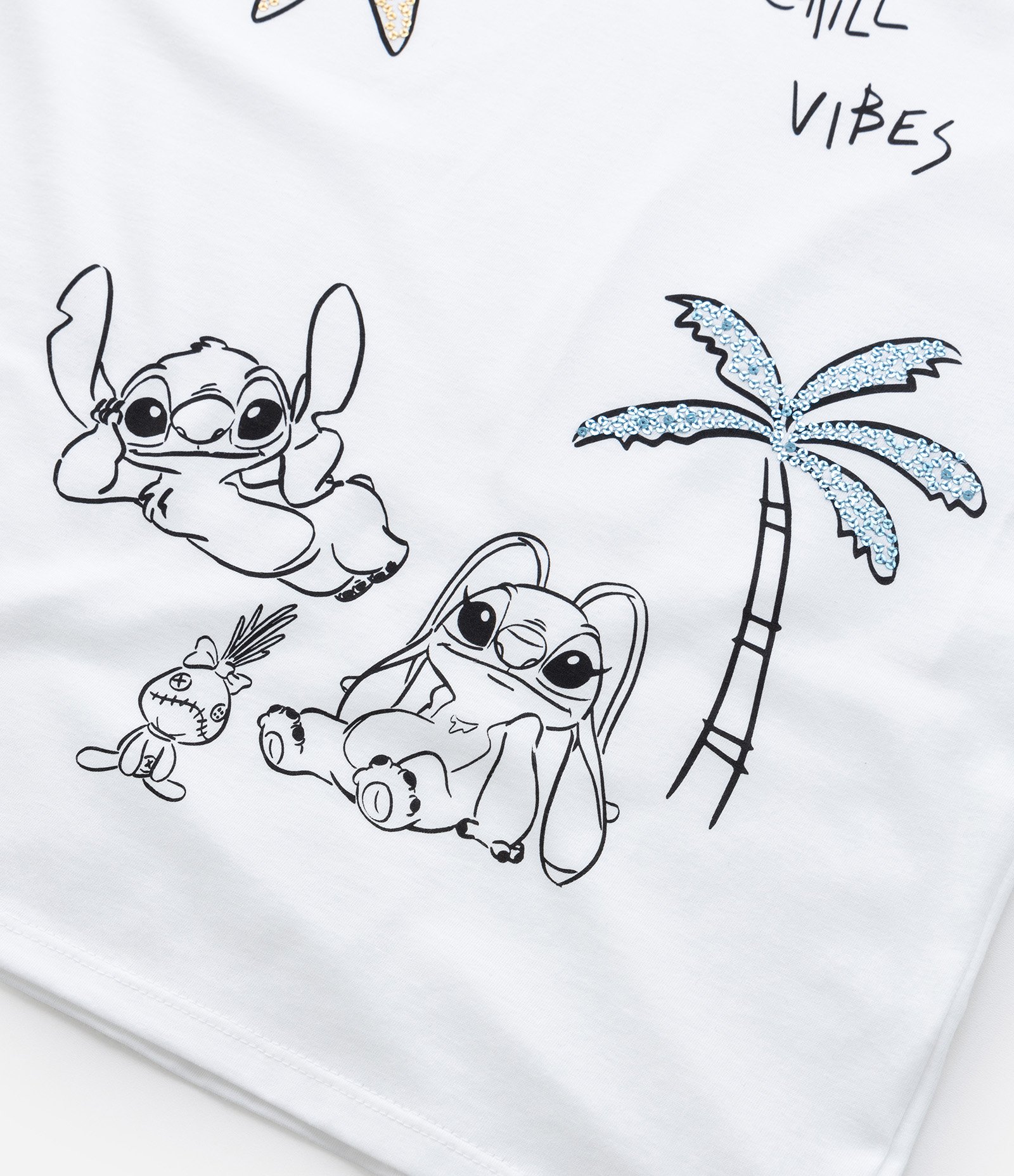 Blusa T-Shirt Infantil com Estampa Lilo & Stitch com Paetês - Tam 5 a 14 anos Branco 5