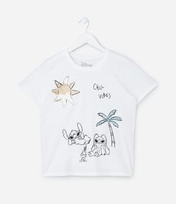 Blusa T-Shirt Infantil com Estampa Lilo & Stitch com Paetês - Tam 5 a 14 anos