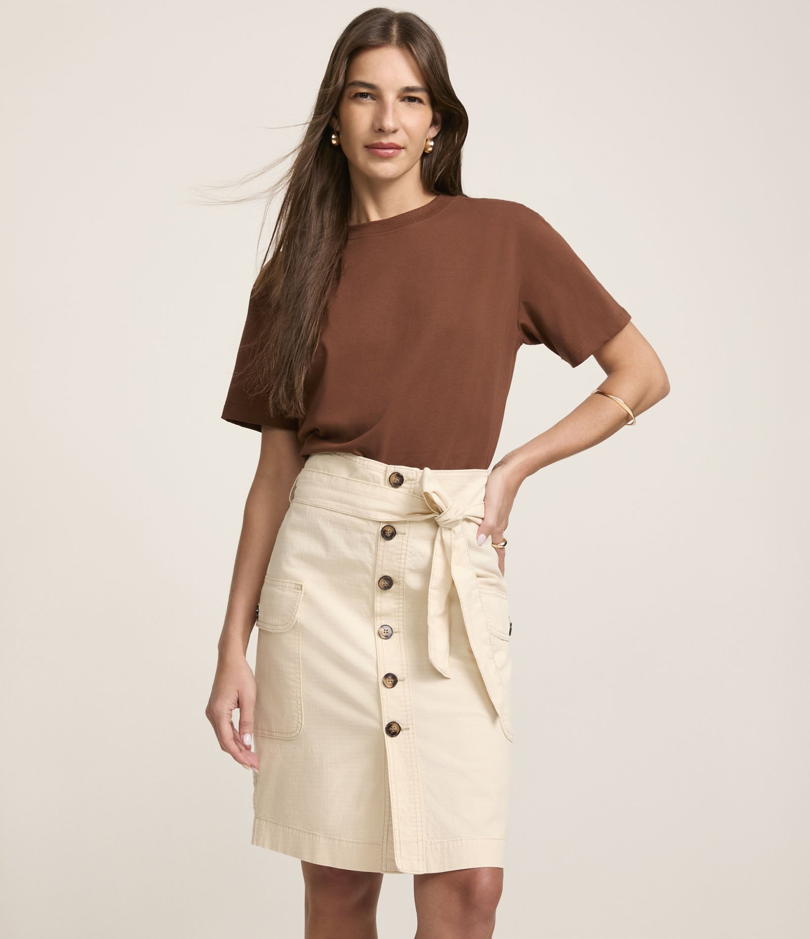 Saia Clochard em Sarja com Abotoamento Frontal e Amarração Off White 2