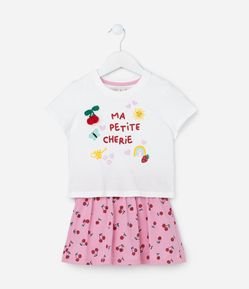 Conjunto Infantil com Short Saia e Cerejinha de Crochê - Tam 1 a 5 anos
