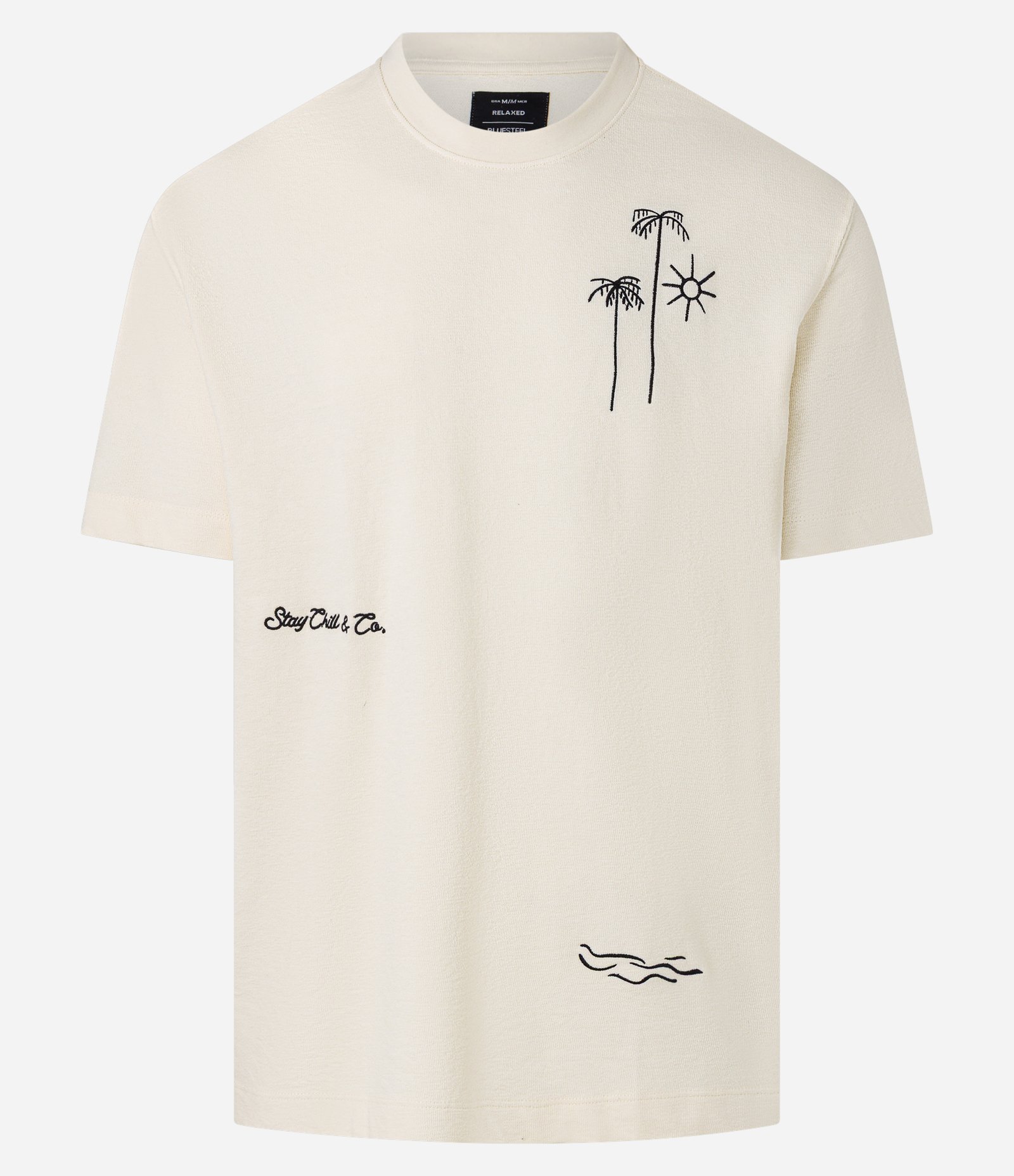 Camiseta Relaxed com Textura e Estampa Bordada de Coqueiros e Sol Bege 5