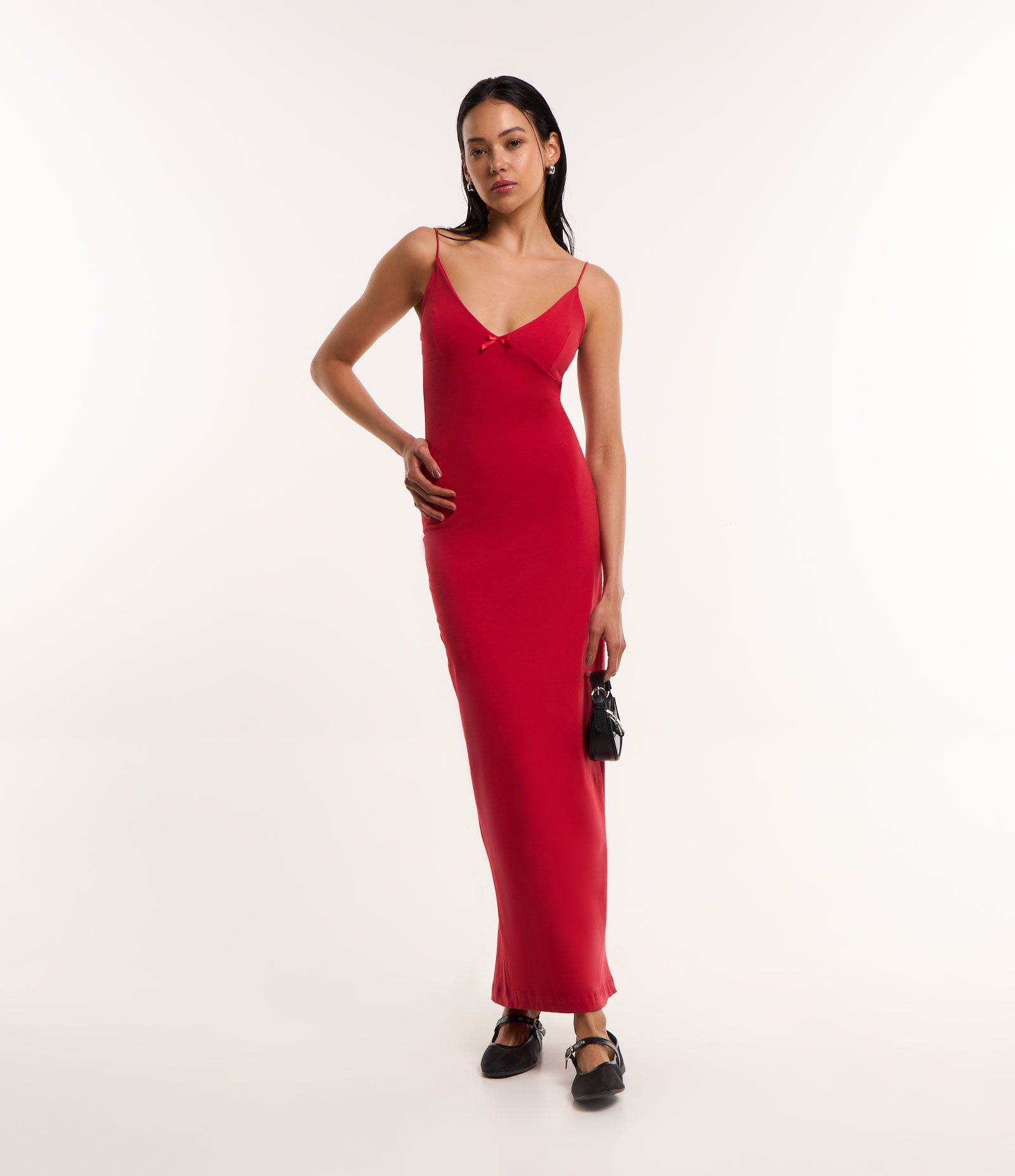 Vestido Longo em Algodão com Alcinha Fina e Detalhe de Laço no Decote Vermelho 1