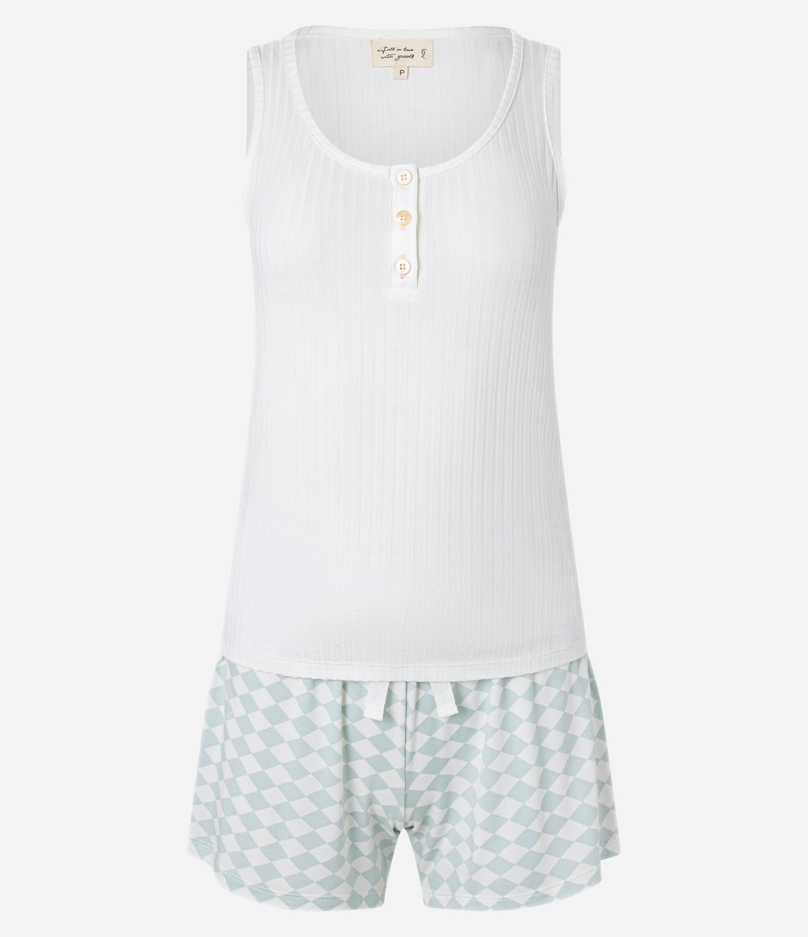 Pijama Short Doll em Viscose com Textura e Estampa Xadrez Branco/Verde 4