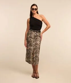 Saia Reta New Midi em Sarja com Estampa de Cobra