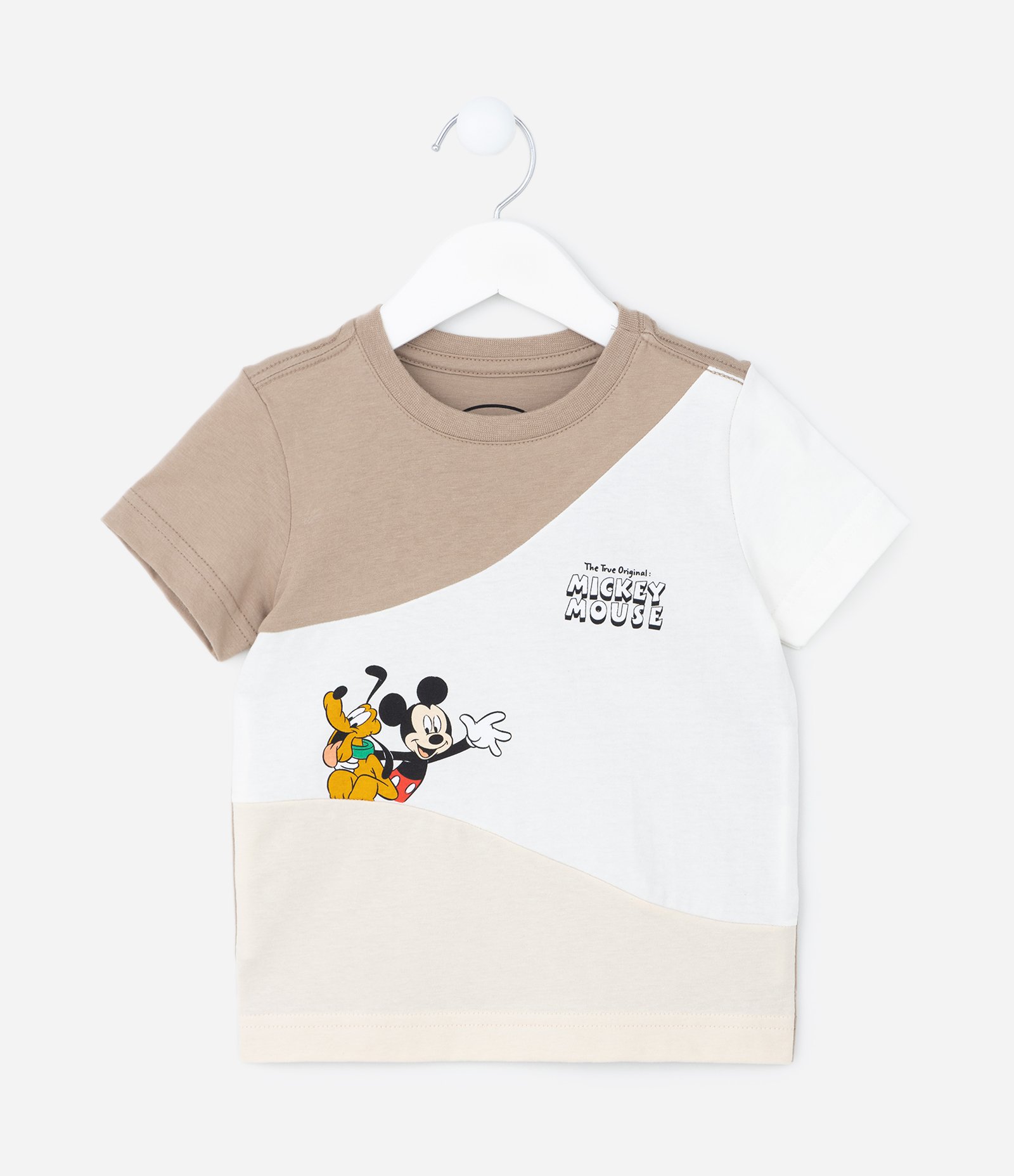 Camiseta Infantil com Recortes e Estampa do Mickey - Tam 1 a  5 Anos Marrom/Branco 1