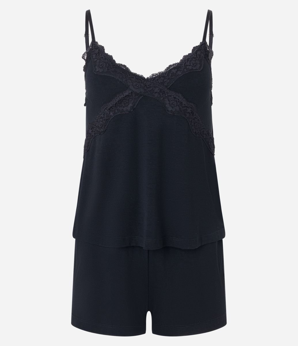 Pijama Short Doll de Alcinha com Detalhe de Renda Cruzada Preto