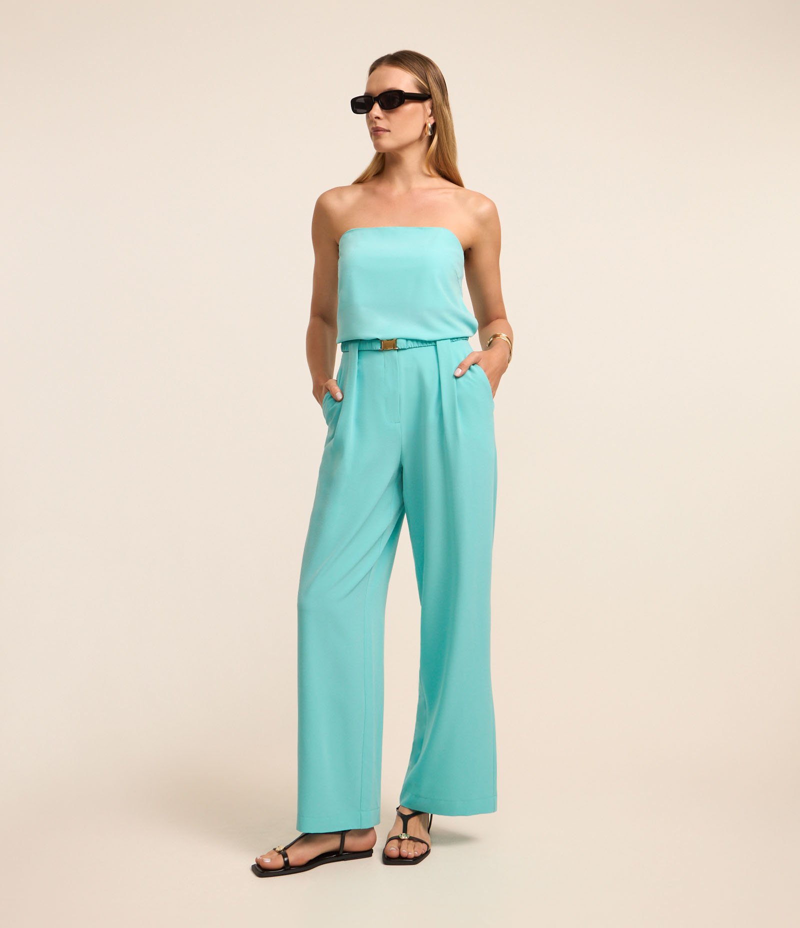 Calça Pantalona em Crepe com Cinto Elástico Afivelado Azul 1