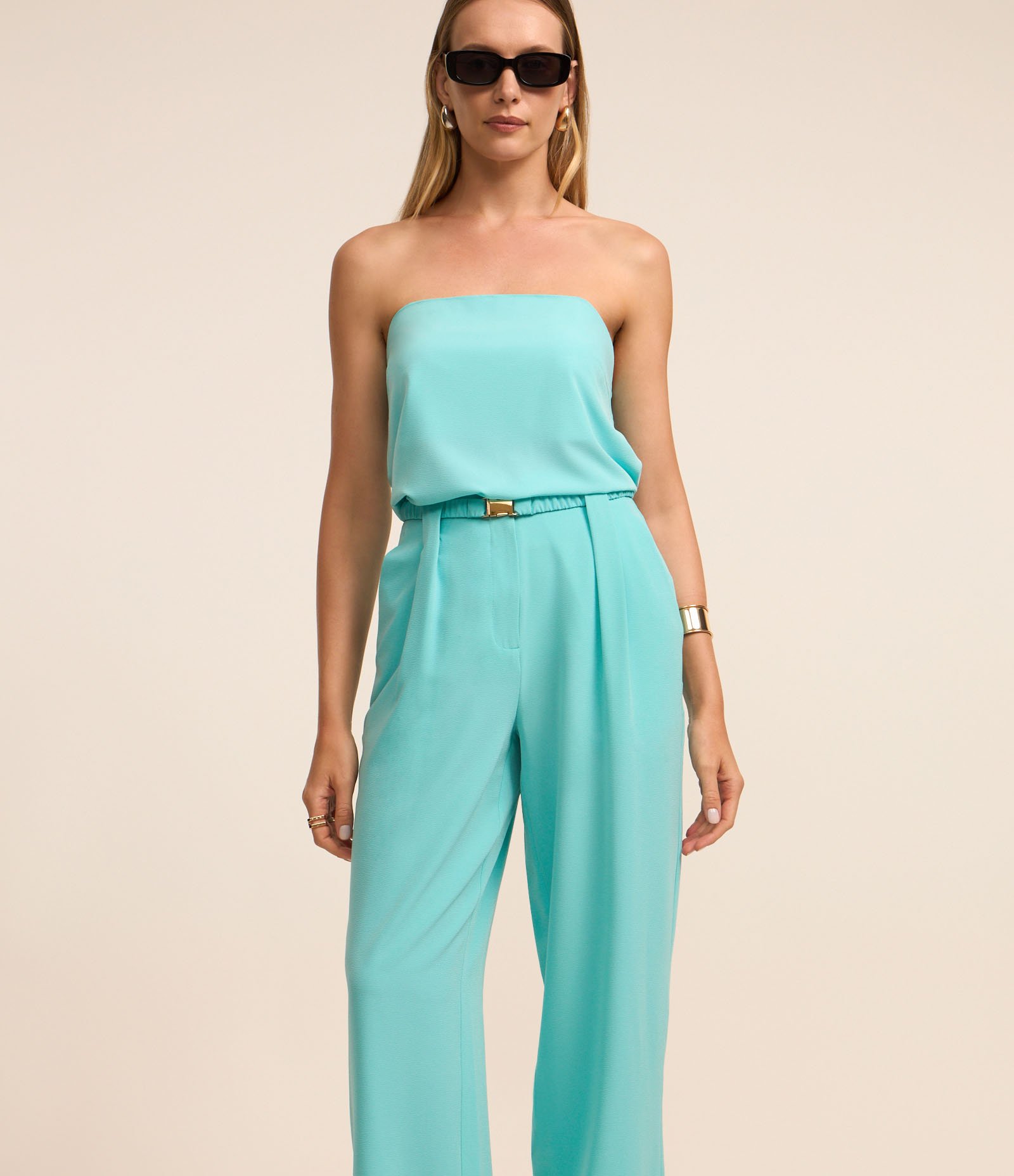 Calça Pantalona em Crepe com Cinto Elástico Afivelado Azul 2