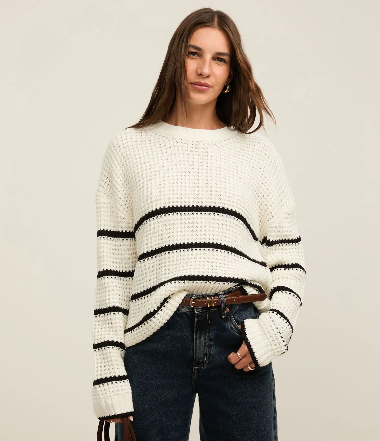 Suéter em Tricô com Cava Deslocada e Listras Horizontais Branco Neve 1