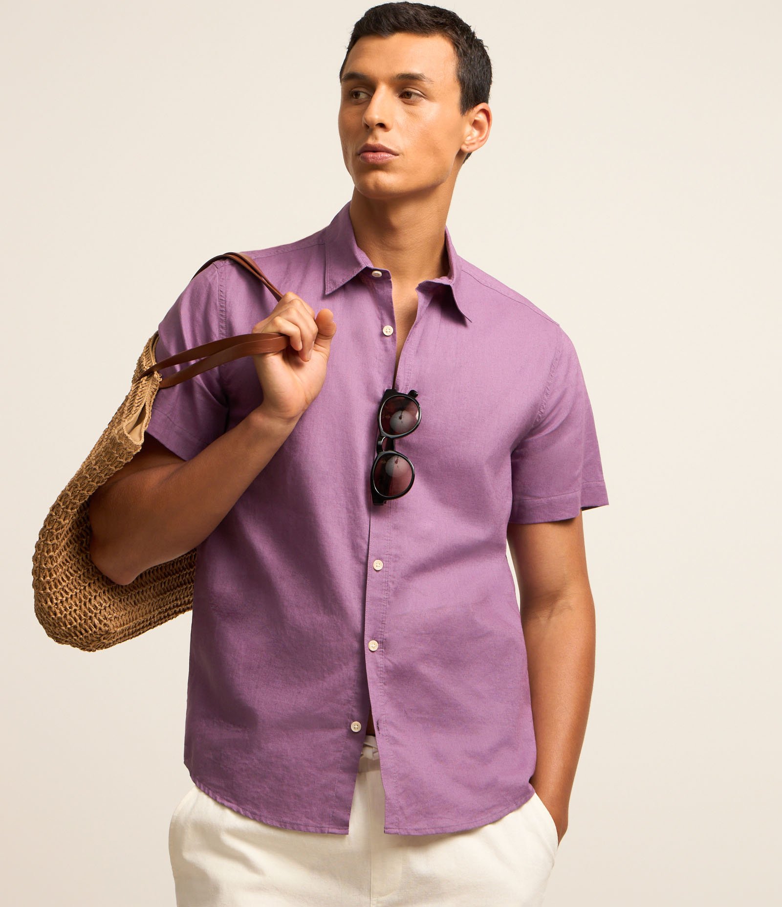 Camisa Comfort Básica em Linho com Manga Curta Lilás 1