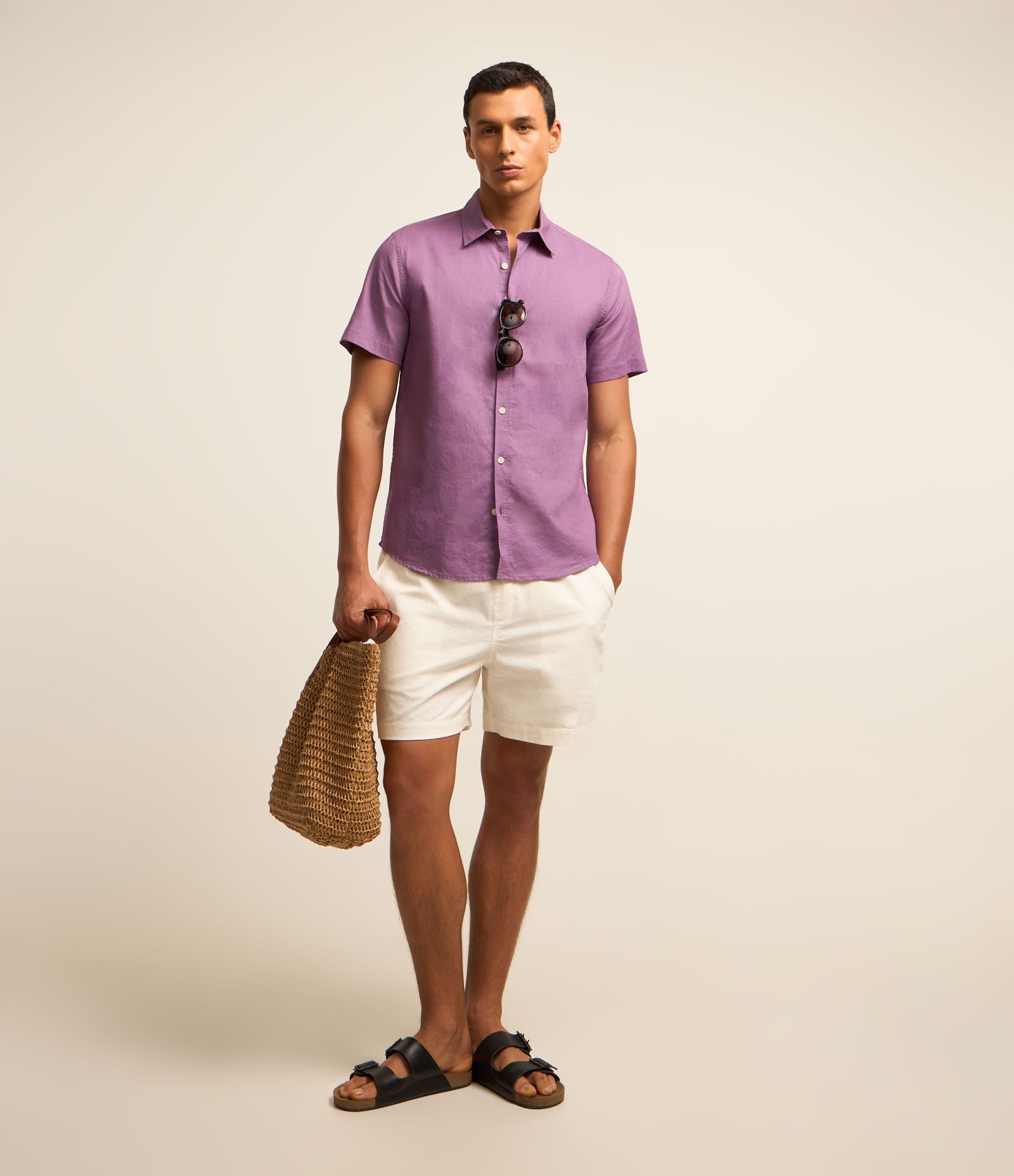 Camisa Comfort Básica em Linho com Manga Curta Lilás 2