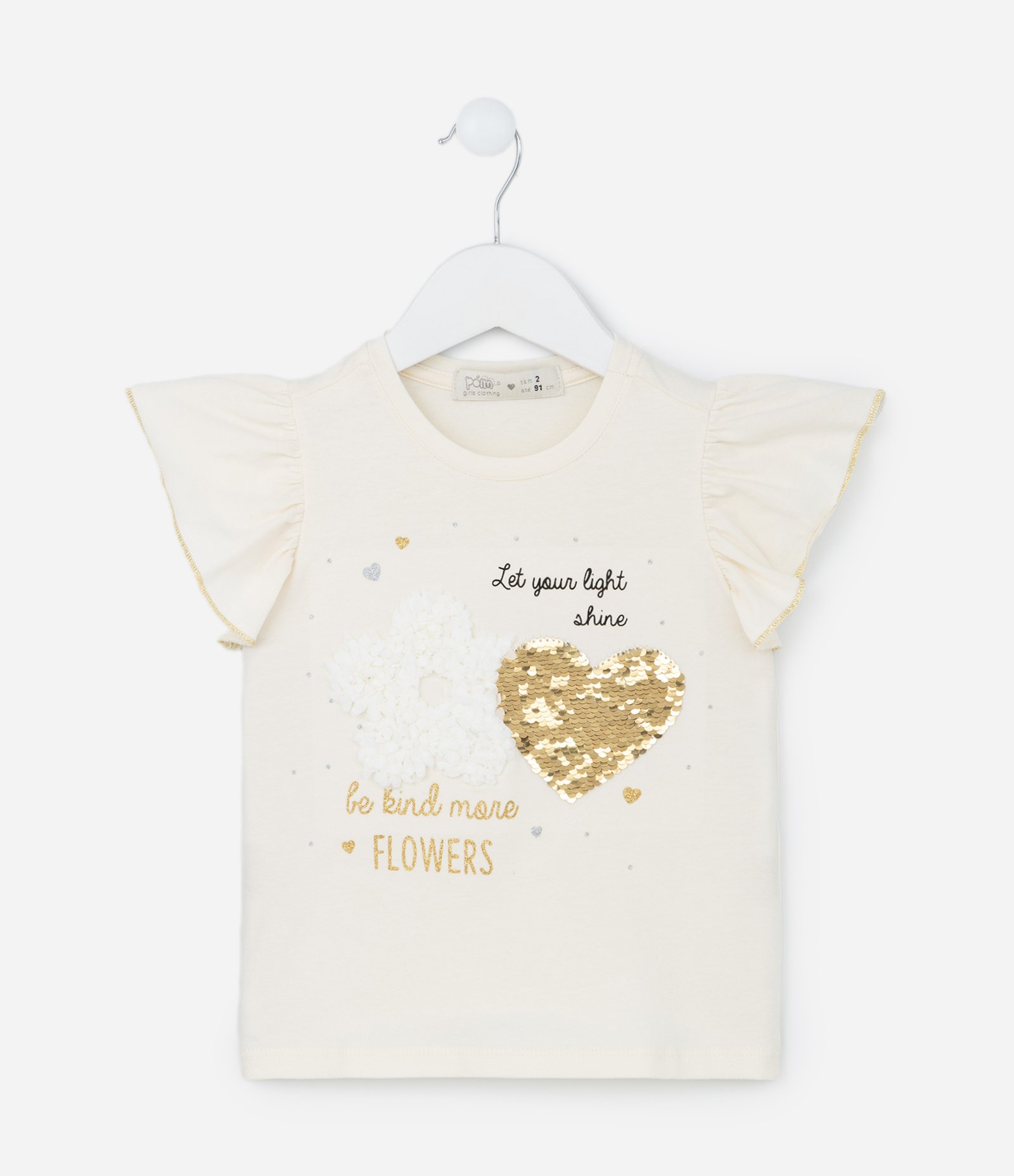 Blusa Infantil com Bordado Coração em Paetês - Tam 1 a 5 Anos Bege 1