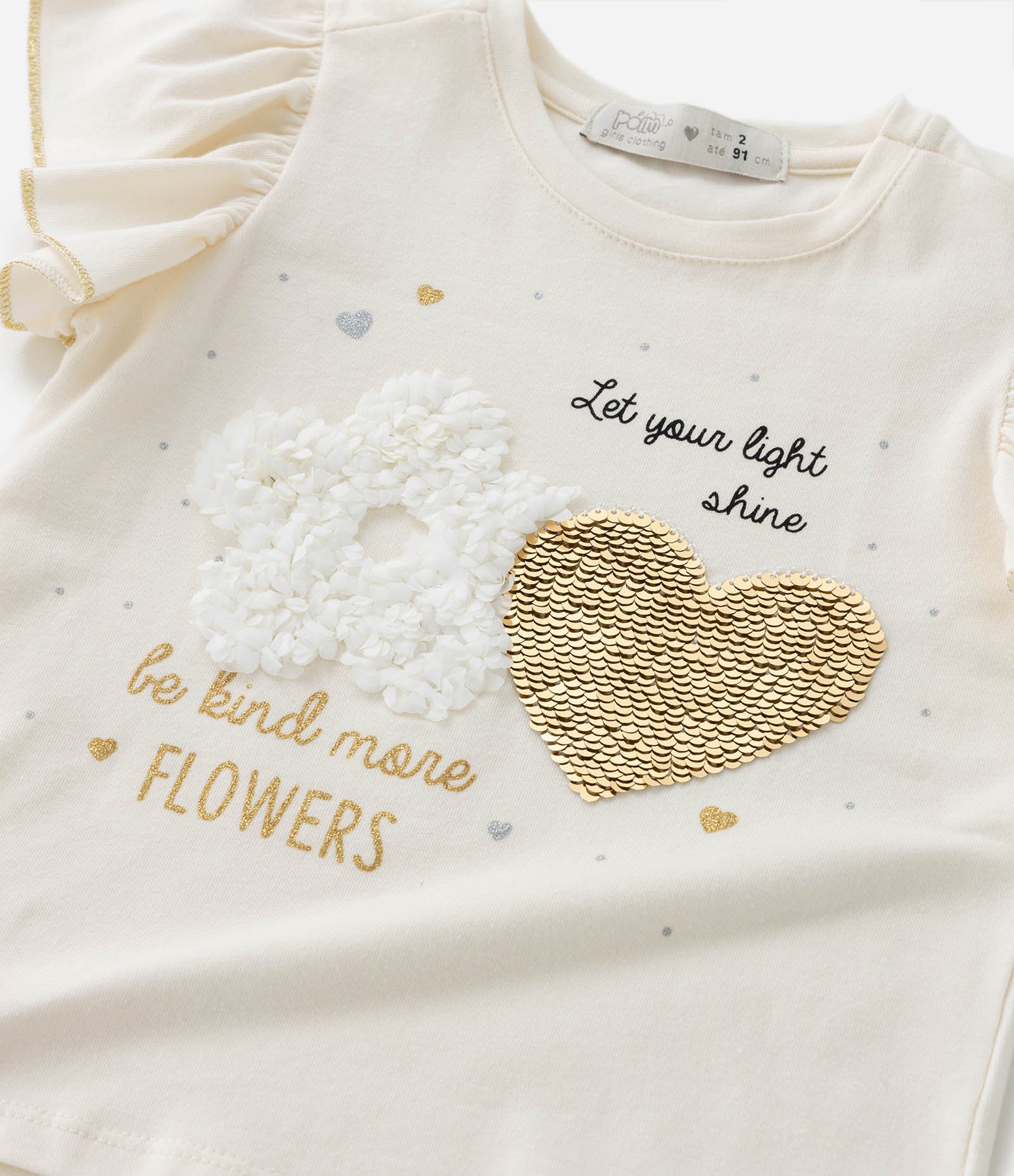 Blusa Infantil com Bordado Coração em Paetês - Tam 1 a 5 Anos Bege 6