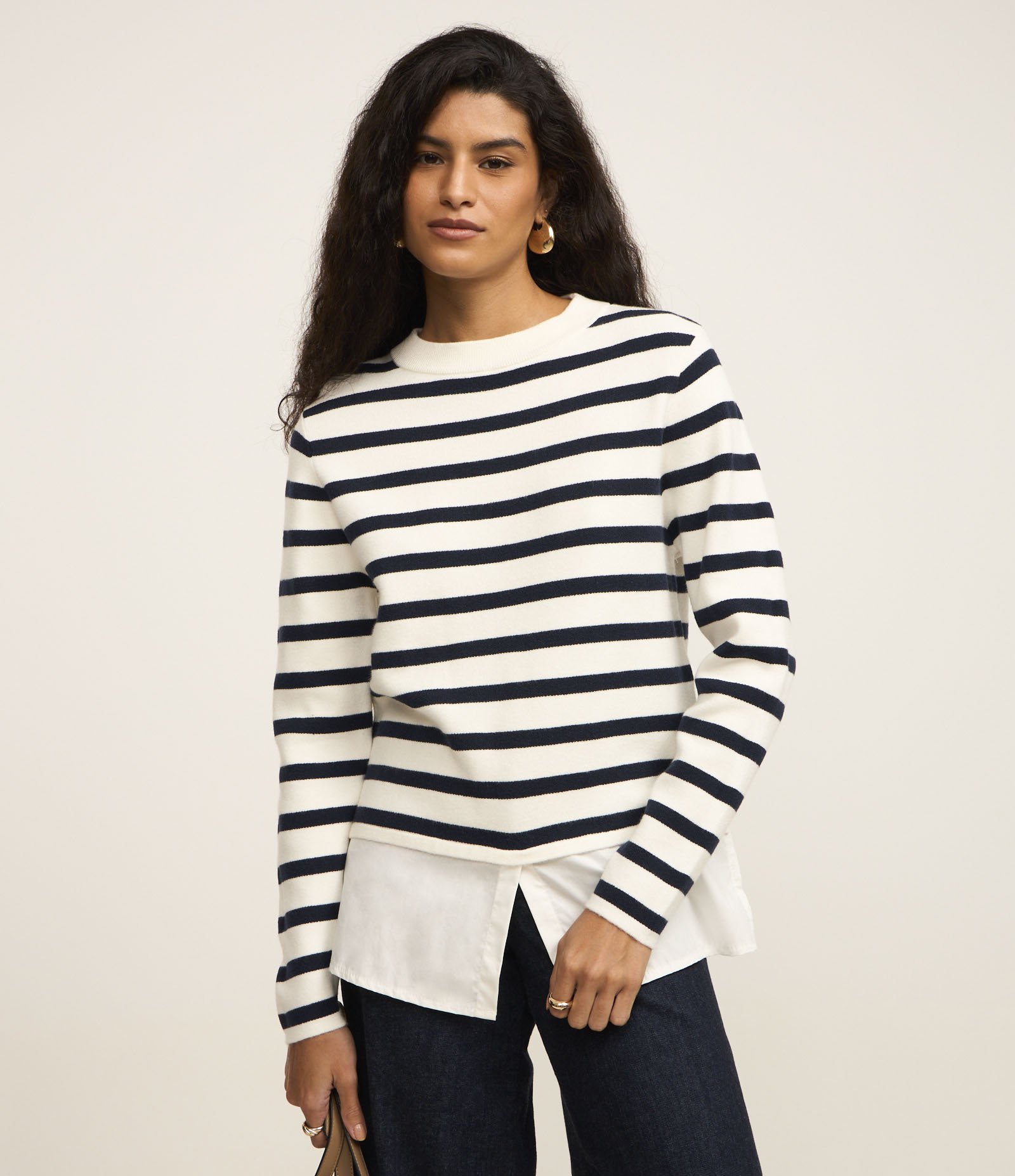 Suéter em Tricô com Listras Horizontais Branco/Azul 1