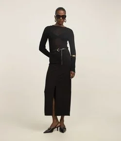 Saia New Midi em Ponto Roma com Fenda Frontal e Bolsos Embutidos