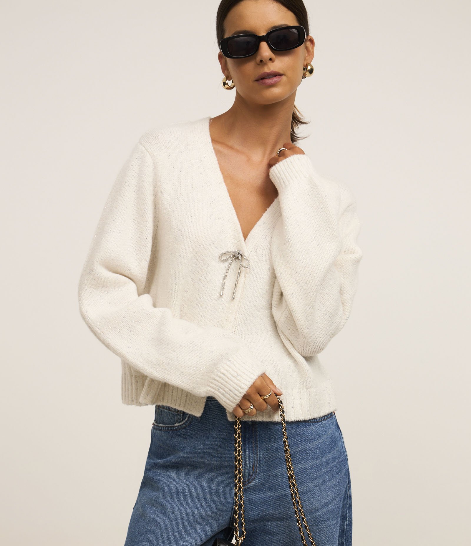 Cardigan em Tricô com Fechamento de Laços Branco 1