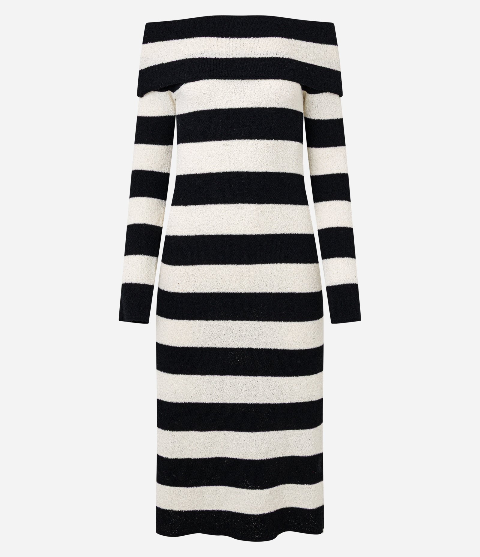 Vestido Midi em Tricô Listrado com Decote Ombro a Ombro Preto/Off White 7