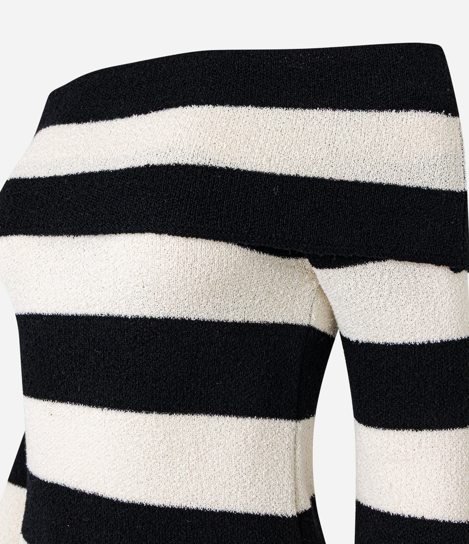 Vestido Midi em Tricô Listrado com Decote Ombro a Ombro Preto/Off White 8