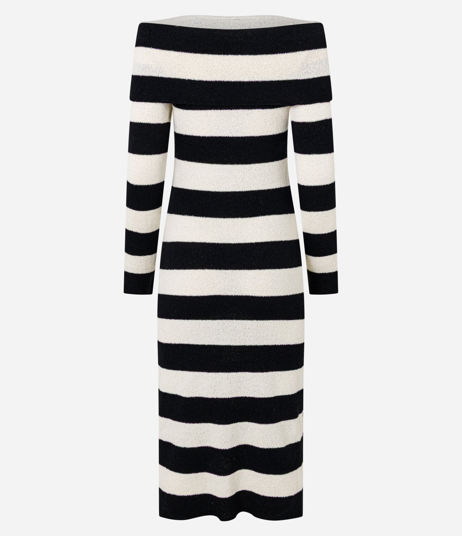 Vestido Midi em Tricô Listrado com Decote Ombro a Ombro Preto/Off White 9