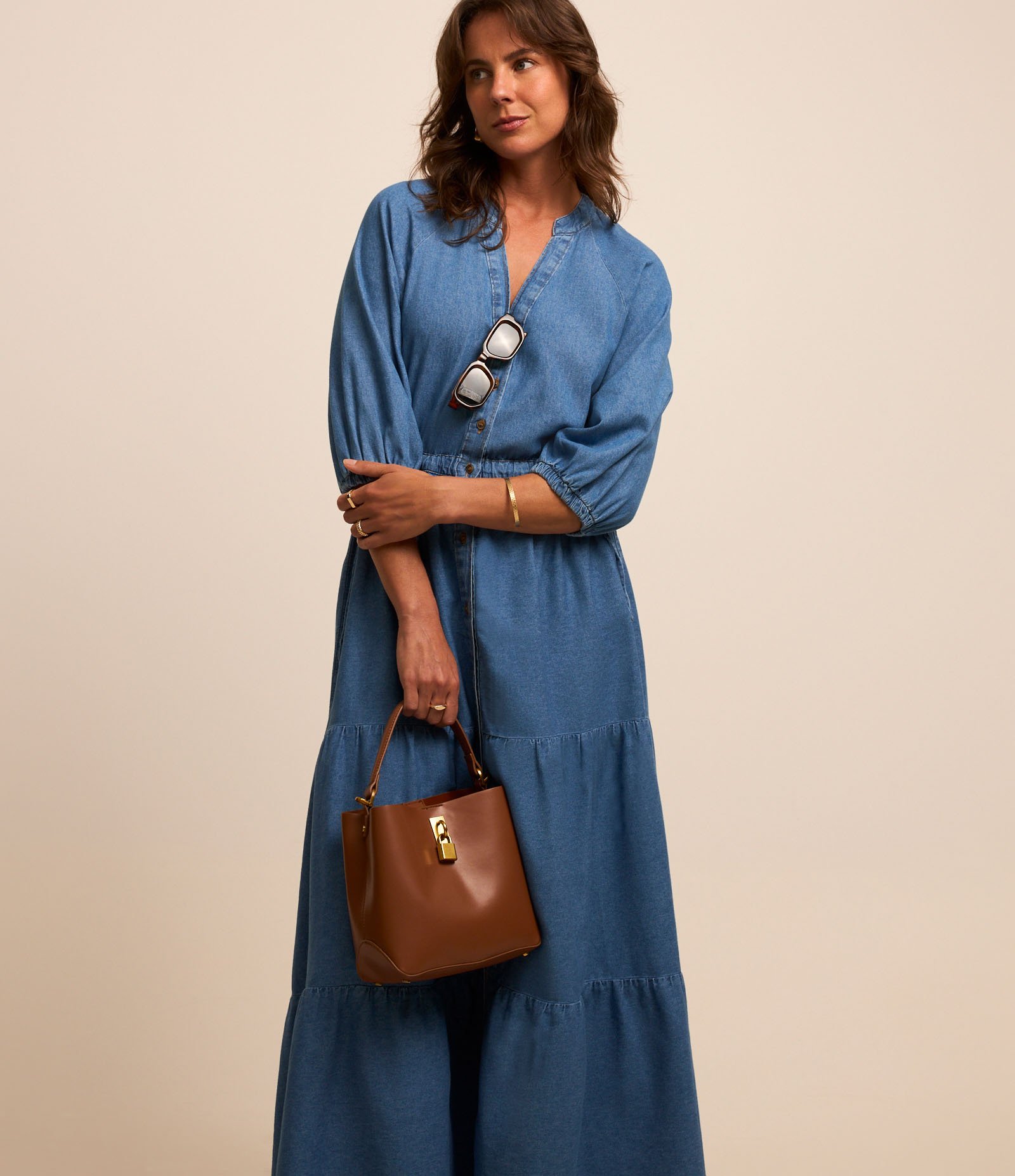 Vestido Long Midi em Jeans com Manga Bufante Azul 1