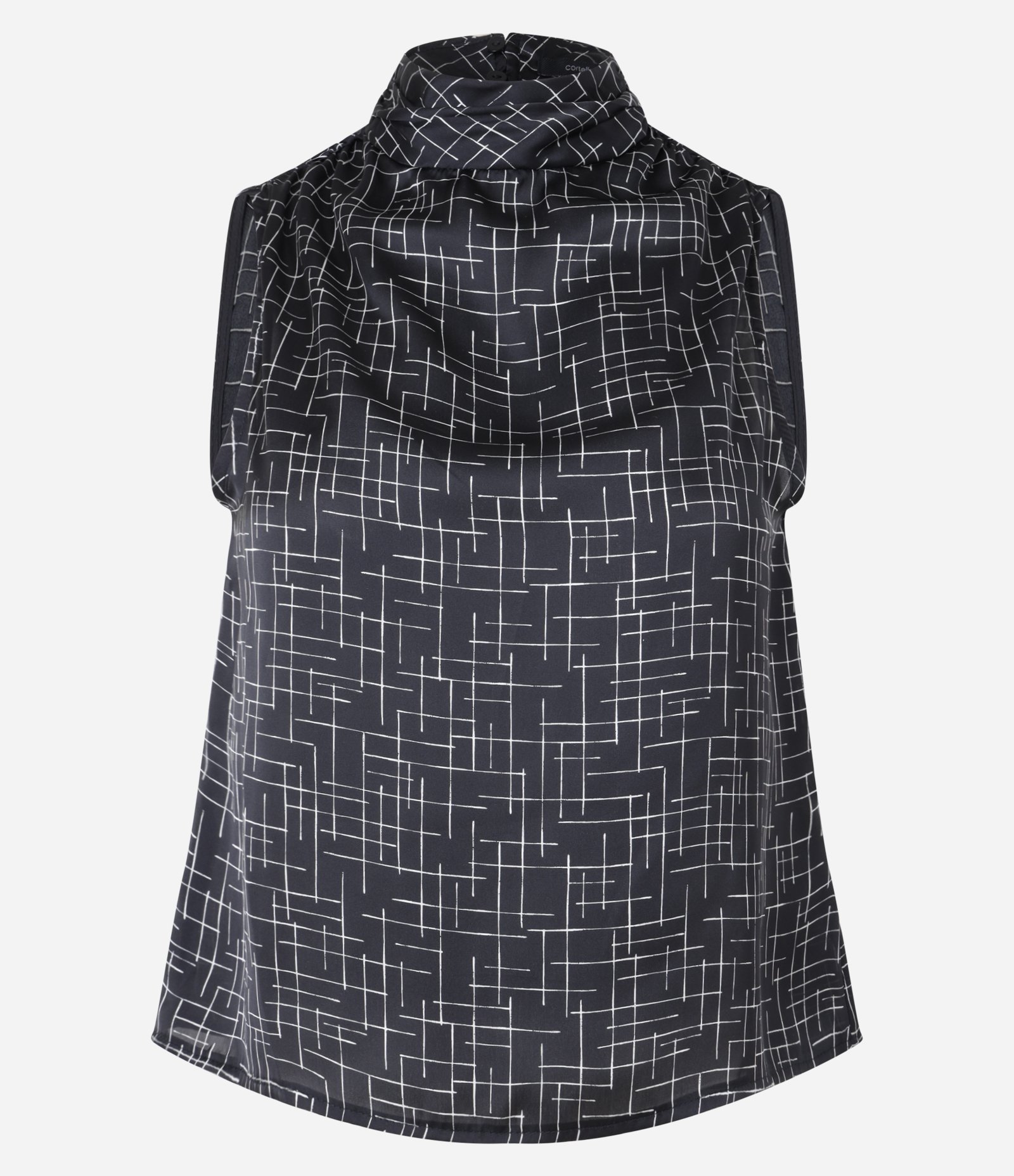 Blusa Acetinada com Gola Alta Drapeado e Estampa Geométrica Preto 6