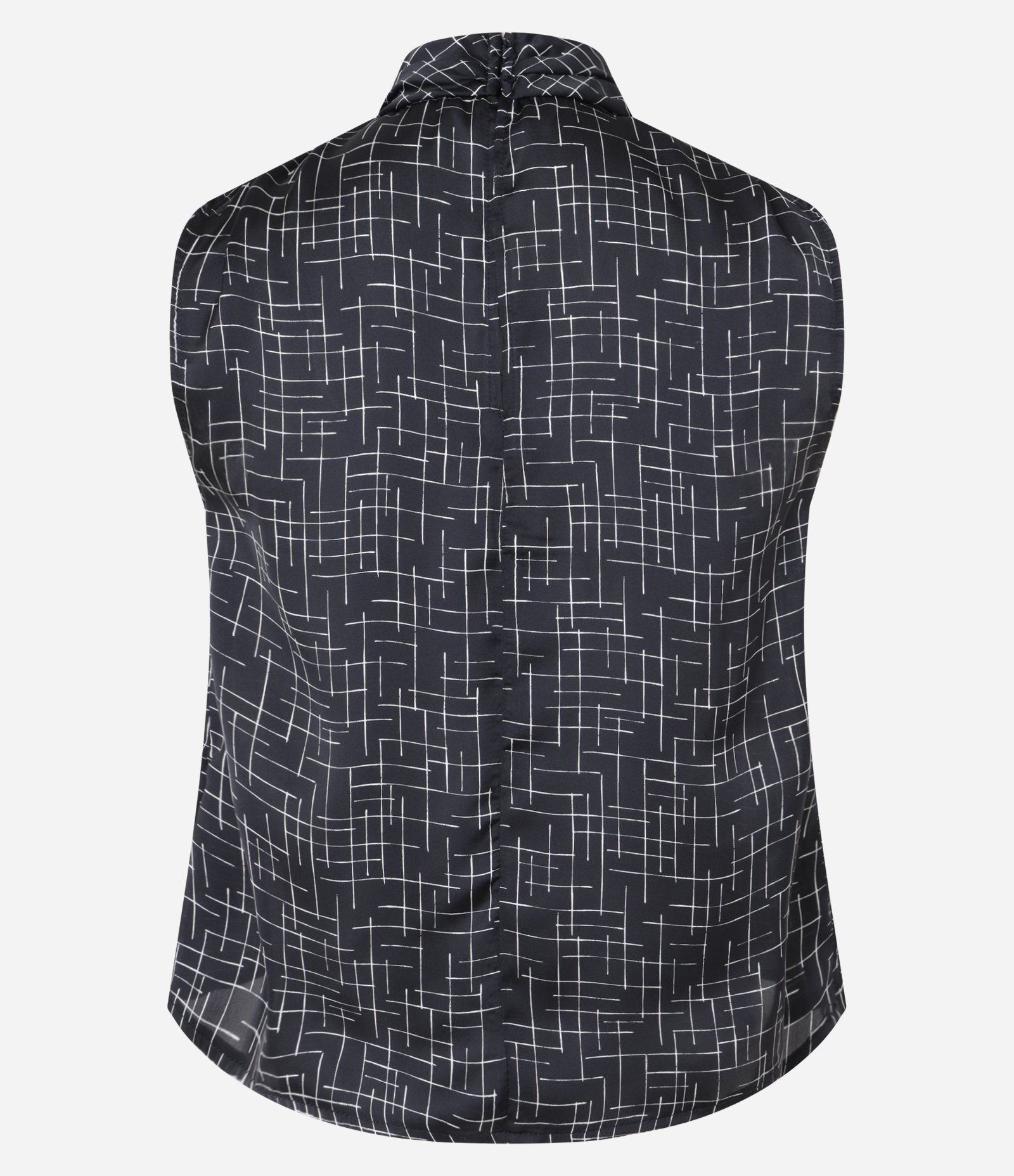 Blusa Acetinada com Gola Alta Drapeado e Estampa Geométrica Preto 8