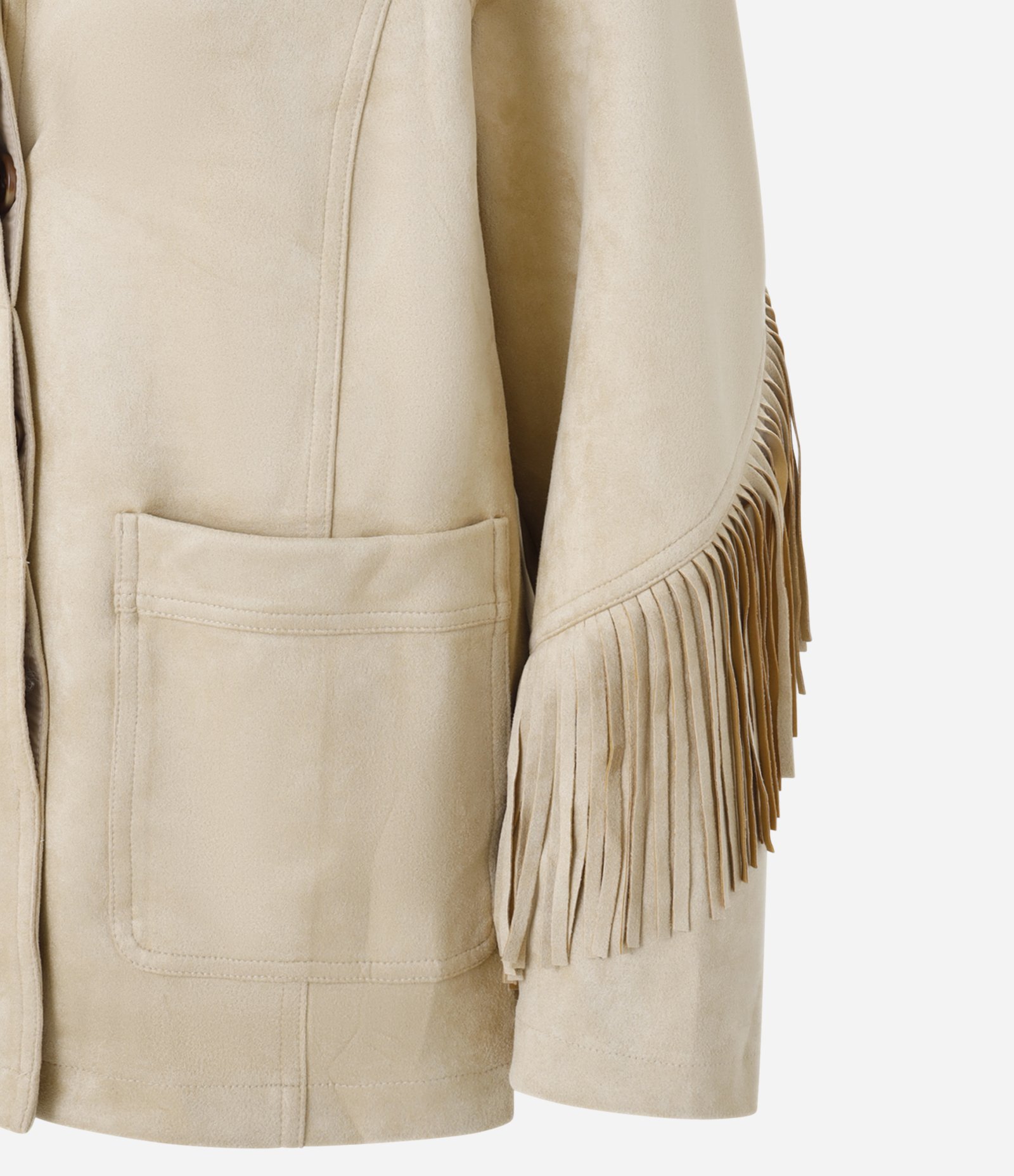 Jaqueta Fake Sued com Bolsos Frontais e Franjas nas Mangas e nas Costas Bege 9