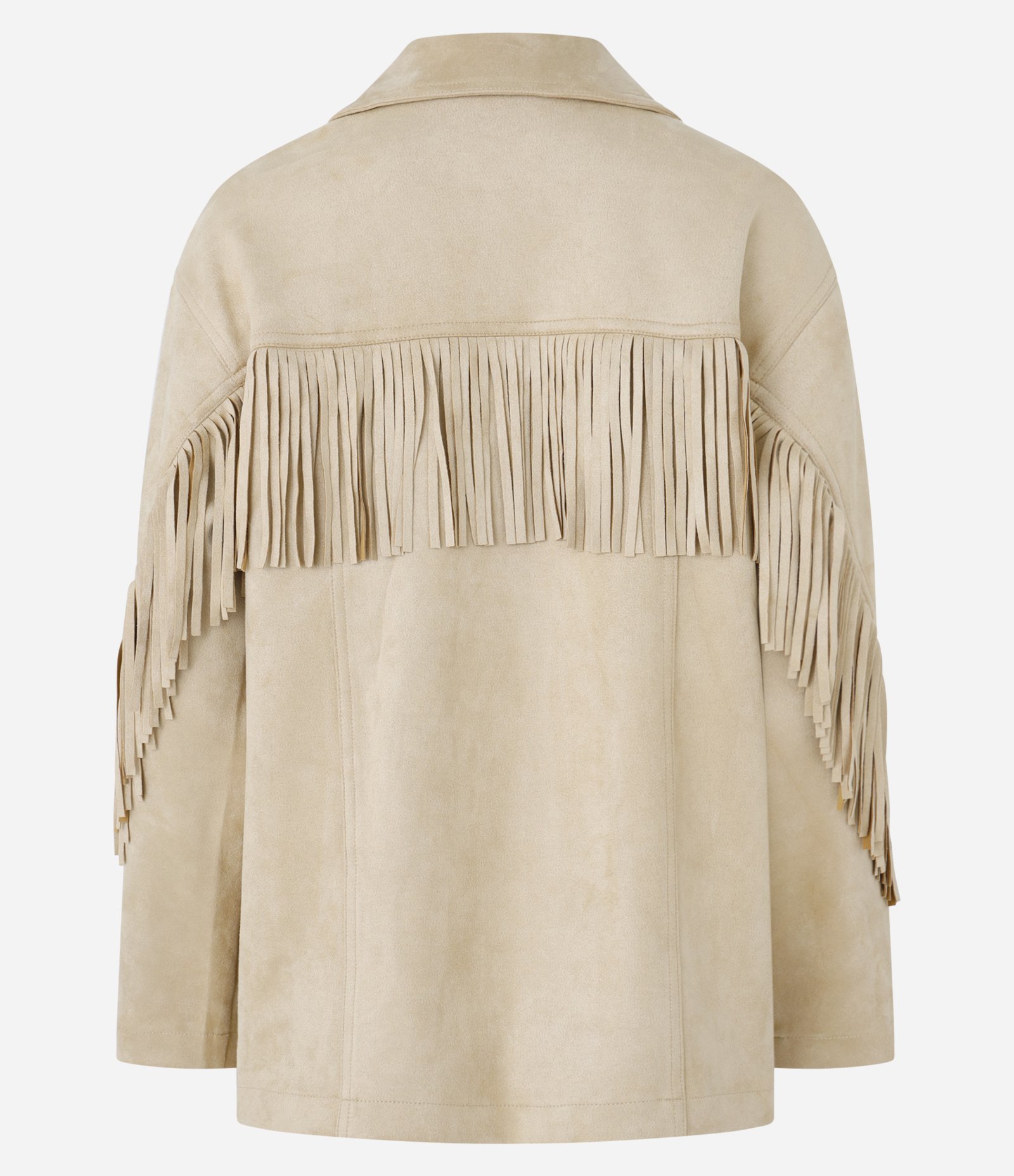 Jaqueta Fake Sued com Bolsos Frontais e Franjas nas Mangas e nas Costas Bege 10