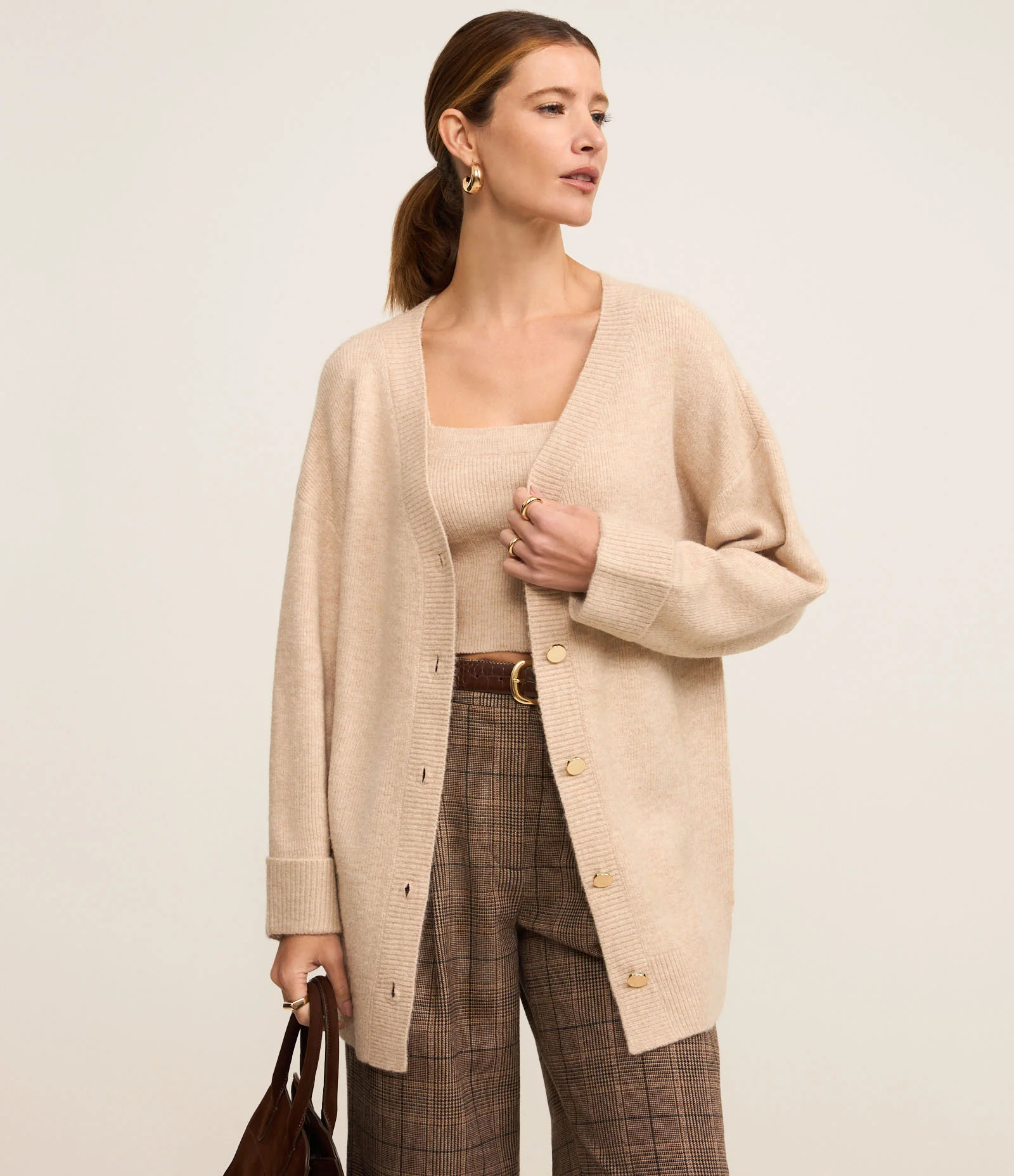 Cardigan Alongado em Tricô com Lã e Fundo Mescla Bege 1